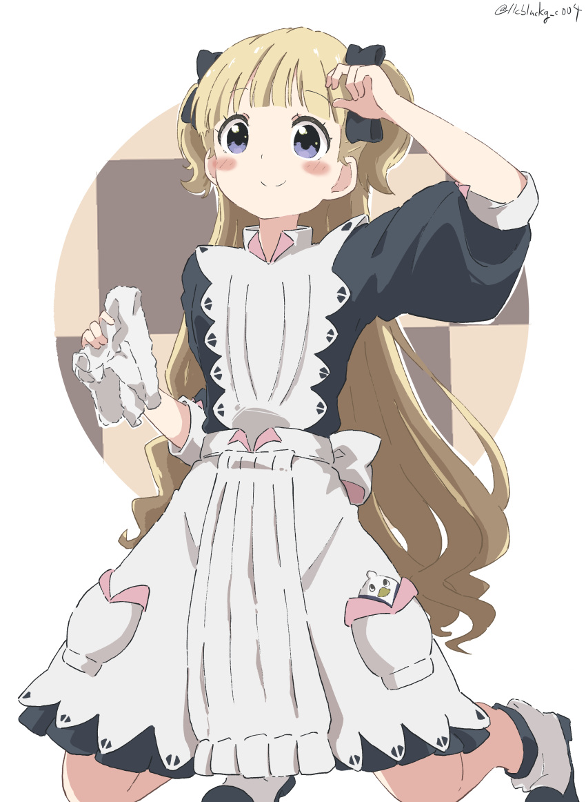 1girl absurdres apron arm_up bangs black_bow black_dress blonde_hair blunt_bangs blush_stickers bow closed_mouth commentary cynical_(llcbluckg_c004) dress emilico_(shadows_house) full_body hair_bow hand_to_head highres holding holding_cloth long_hair long_sleeves looking_at_viewer pan-chan_(shadows_house) shadows_house smile solo twintails twitter_username two_side_up very_long_hair violet_eyes white_apron white_background