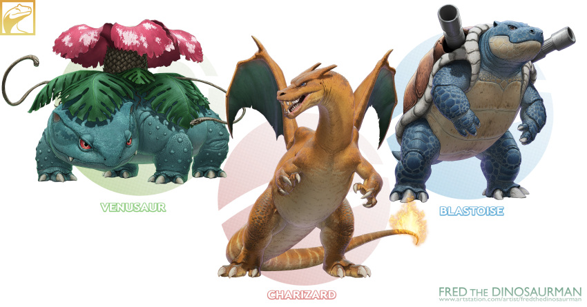 absurdres artist_name blastoise charizard claws closed_mouth colored_sclera fiery_tail fredward95 highres looking_at_viewer looking_to_the_side no_humans open_mouth plant pokemon pokemon_(creature) realistic red_sclera sharp_teeth standing tail teeth venusaur web_address white_background wings