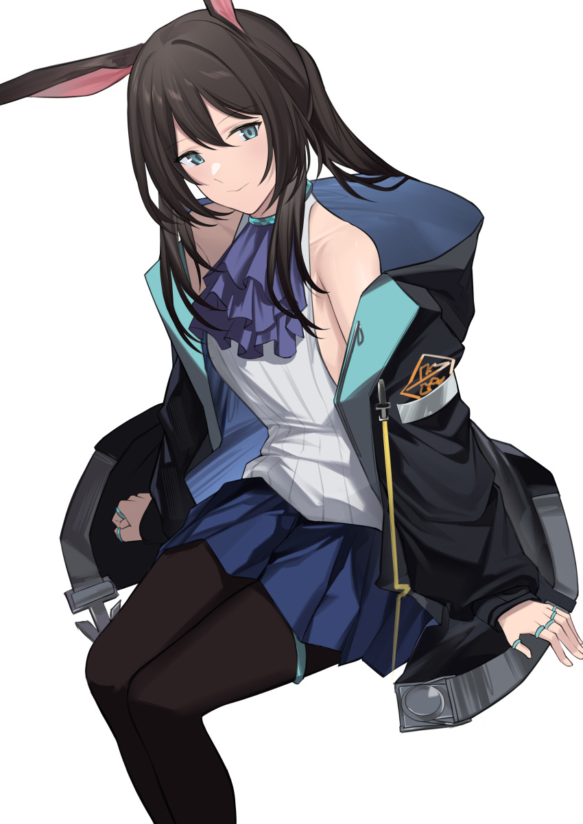 1girl absurdres amiya_(arknights) animal_ears arknights ascot bare_shoulders black_pantyhose blue_ascot blue_collar blue_eyes blue_skirt brown_hair collar elinnasky feet_out_of_frame hair_between_eyes highres hood hood_down hooded_jacket invisible_chair jacket jewelry looking_at_viewer multiple_rings neck_ring off_shoulder open_clothes open_jacket pantyhose pleated_skirt ponytail rabbit_ears rabbit_girl ribbed_shirt ring shirt sidelocks simple_background sitting skirt sleeveless sleeveless_shirt smile solo thighlet white_background