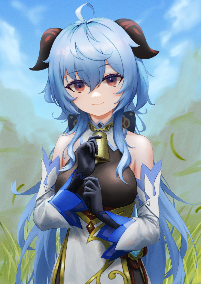 1girl absurdres ahoge bangs bare_shoulders bell black_gloves blue_hair blue_sky breasts detached_sleeves ganyu_(genshin_impact) genshin_impact gloves gold_trim grass highres horns knst19991019 long_hair looking_at_viewer medium_breasts neck_bell outdoors sidelocks sky smile solo upper_body violet_eyes vision_(genshin_impact) white_sleeves