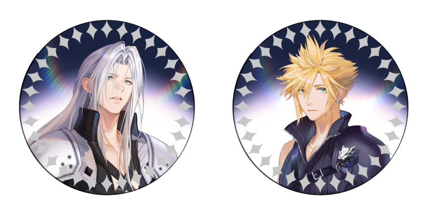 2boys aqua_eyes armor bangs bare_shoulders black_jacket blonde_hair chest_strap circle cloud_strife collarbone earrings final_fantasy final_fantasy_vii final_fantasy_vii_advent_children grey_hair hair_between_eyes high_collar highres jacket jewelry long_bangs long_hair looking_at_viewer male_focus multiple_boys open_collar parted_bangs parted_lips portrait sephiroth shirt short_hair shoulder_armor single_earring sleeveless sleeveless_shirt slit_pupils spiky_hair teeth upper_body white_background wolf xianyu314
