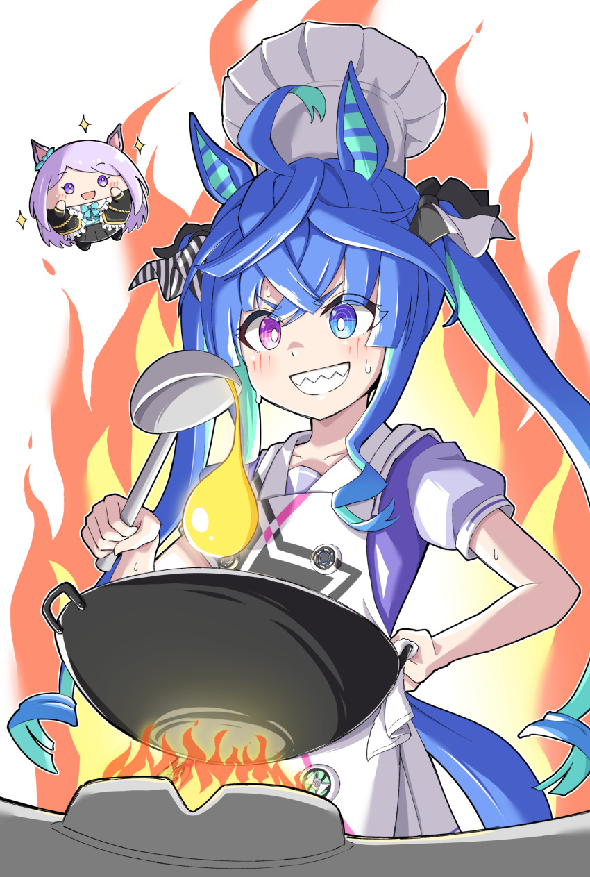 2girls absurdres ahoge animal_ears apron blue_bow blue_hair bow cooking ear_bow fire flame hair_between_eyes highres holding holding_ladle horse_ears horse_girl horse_tail ladle long_hair mejiro_mcqueen_(umamusume) multiple_girls open_mouth purple_hair school_uniform sharp_teeth short_hair smile stove tail teeth toushirou_(sugarwhite1046) tracen_school_uniform twintails umamusume very_long_hair violet_eyes wok