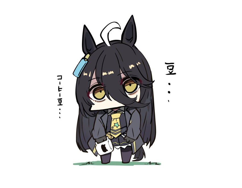 1girl ahoge animal_ears bags_under_eyes bangs black_coat black_gloves black_hair black_pantyhose chibi coat cup earrings empty frilled_skirt frills full_body gloves highres holding holding_cup horse_ears horse_girl horse_tail jewelry kawamochi_(tddm3573) long_bangs long_hair looking_at_viewer manhattan_cafe_(umamusume) miniskirt mug no_mouth pantyhose shaded_face simple_background single_earring sketch skirt solo tail translated umamusume white_background white_hair yellow_eyes