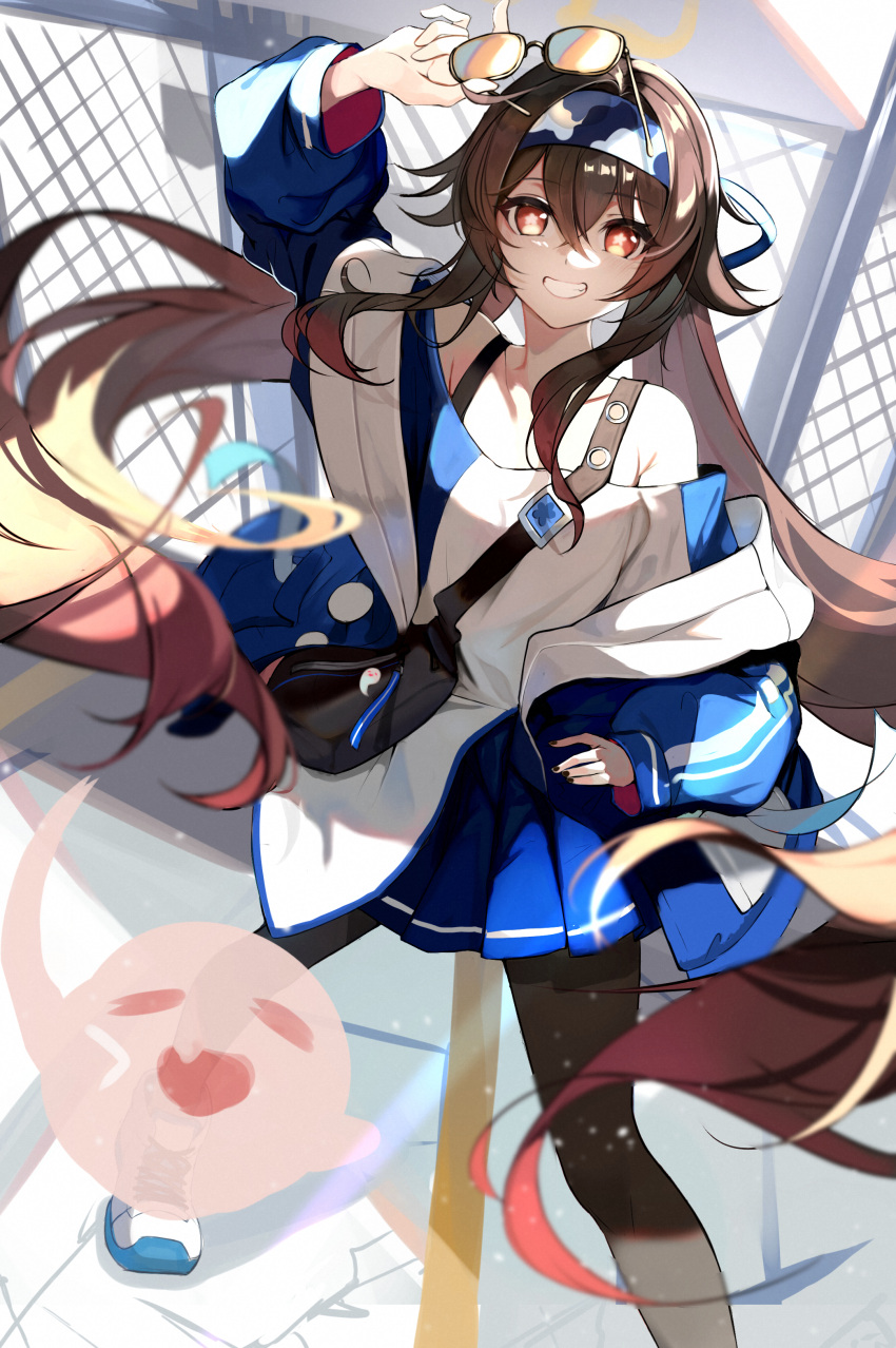 1girl absurdres arm_up bag bangs bare_shoulders blue_hairband blue_jacket blue_skirt boo_tao_(genshin_impact) brown_hair brown_pantyhose chain-link_fence crossed_bangs day eyewear_on_head fence floating_hair flower-shaped_pupils foot_out_of_frame genshin_impact grin hair_between_eyes hair_flaps hairband highres holding holding_eyewear hu_tao_(genshin_impact) jacket long_hair long_sleeves looking_at_viewer lumo_1121 multicolored_clothes multicolored_jacket off-shoulder_shirt off_shoulder official_alternate_costume pantyhose pleated_skirt red_eyes shirt shoes shoulder_bag skirt smile sneakers solo symbol-shaped_pupils tinted_eyewear twintails two-tone_jacket two-tone_shirt white_footwear