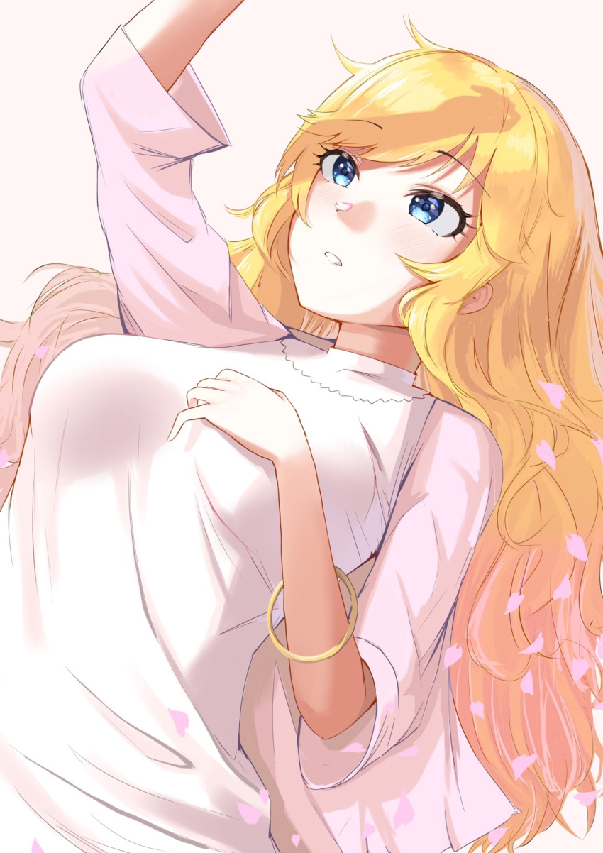 1girl alternate_costume arm_up ban_(puka_0507) bangle bangs blonde_hair blue_eyes bracelet breasts casual hair_down hand_on_own_chest highres idolmaster idolmaster_cinderella_girls idolmaster_cinderella_girls_starlight_stage jewelry large_breasts light_blush long_hair long_sleeves looking_up lying ohtsuki_yui on_back parted_lips petals raglan_sleeves sidelocks simple_background solo spring_(season) swept_bangs