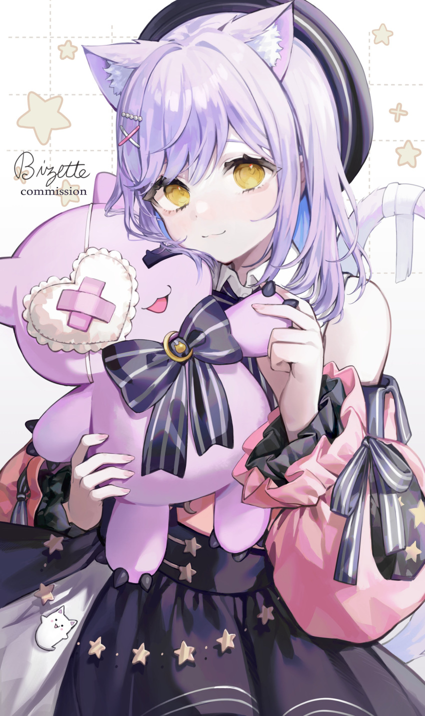 1girl absurdres animal_ears artist_name bangs bizet closed_mouth commission copyright_request hat highres holding holding_stuffed_toy long_hair looking_at_viewer purple_hair smile solo stuffed_toy tail upper_body yellow_eyes