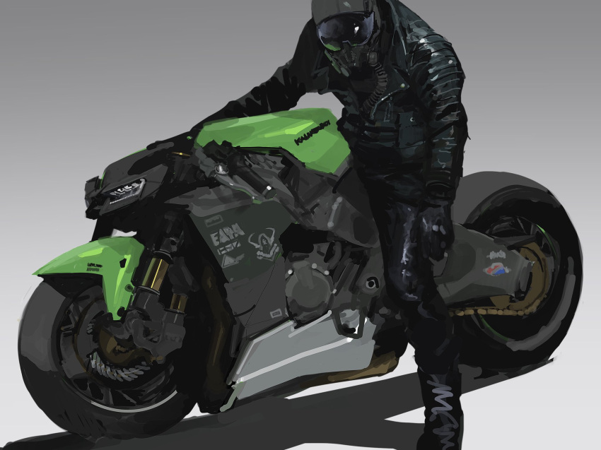 1boy black_jacket black_pants cable grey_background ground_vehicle headlight helmet highres jacket leaning_forward leather leather_jacket male_focus motor_vehicle motorcycle on_motorcycle original pants pilot_helmet piston rintaro_komori shadow vehicle_focus