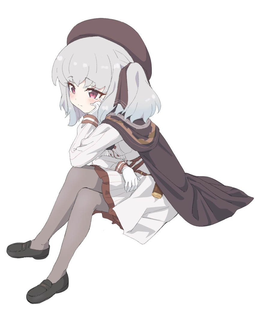 1girl belt beret black_cape black_footwear cape character_name closed_mouth copyright_request gloves grey_hair grey_pantyhose hat highres long_sleeves military military_uniform pantyhose shirt shoes simple_background sincos sitting skirt solo twintails uniform violet_eyes white_background white_gloves white_shirt white_skirt