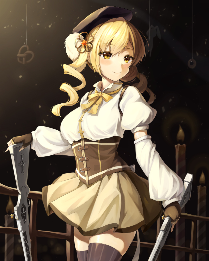 1girl absurdres bangs beret black_headwear blonde_hair blush breasts brown_corset brown_gloves brown_thighhighs closed_mouth commentary corset cowboy_shot detached_sleeves drill_hair fingerless_gloves gloves gun hair_ornament hat high_collar highres long_sleeves looking_away magical_girl magical_musket mahou_shoujo_madoka_magica medium_breasts neck_ribbon osom9525 puffy_short_sleeves puffy_sleeves ribbon short_sleeves smile solo striped striped_thighhighs thigh-highs tomoe_mami twin_drills twintails vertical-striped_thighhighs vertical_stripes weapon yellow_eyes yellow_ribbon zettai_ryouiki