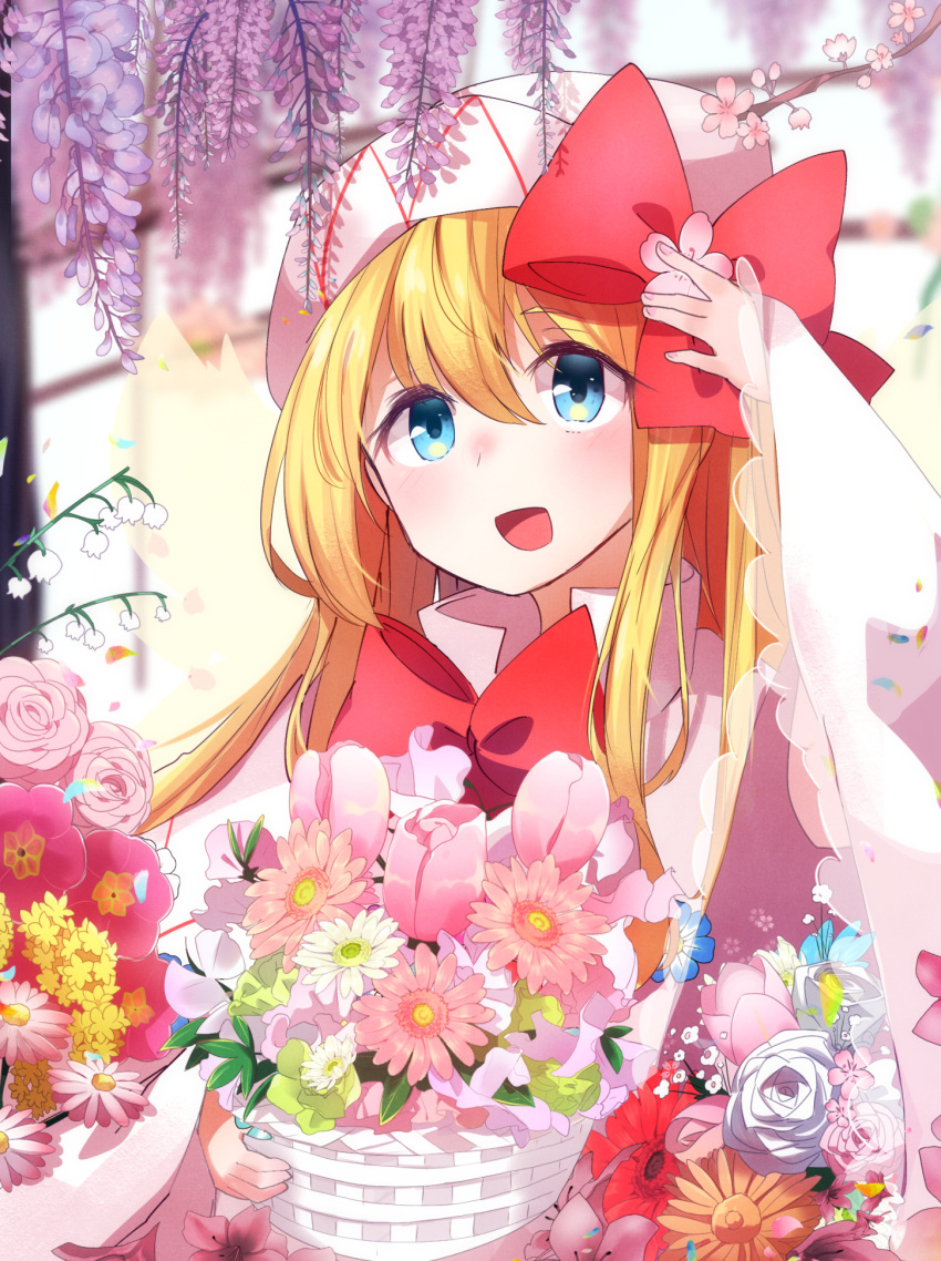 1girl ametama_(runarunaruta5656) basket blonde_hair blue_eyes bow bowtie capelet dress fairy fairy_wings flower frilled_sleeves frills happy hat hat_bow highres holding holding_basket lily_white long_hair long_sleeves open_mouth pink_flower purple_flower red_bow red_bowtie ribbon solo touhou white_capelet white_dress white_headwear wide_sleeves wings yellow_flower