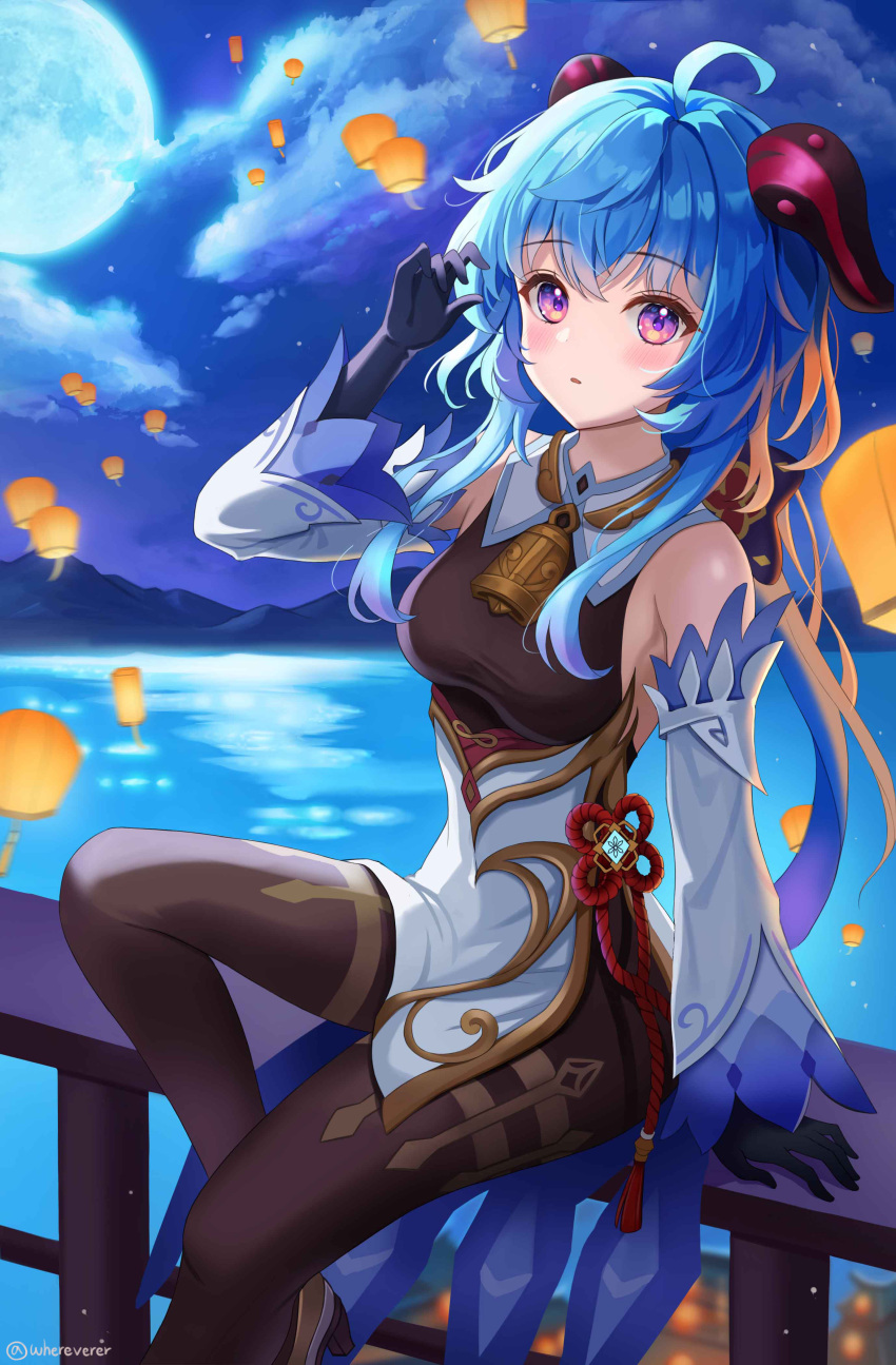 1girl absurdres ahoge arm_support artist_name bangs bare_shoulders bell black_gloves black_pantyhose blue_hair blush breasts chinese_knot cowboy_shot detached_sleeves flower_knot full_moon ganyu_(genshin_impact) genshin_impact gloves gold_trim highres horns lantern long_hair looking_at_viewer medium_breasts moon neck_bell ocean outdoors pantyhose paper_lantern sidelocks sitting sitting_on_fence solo tassel thighlet thighs violet_eyes vision_(genshin_impact) where_(whereverer) white_sleeves