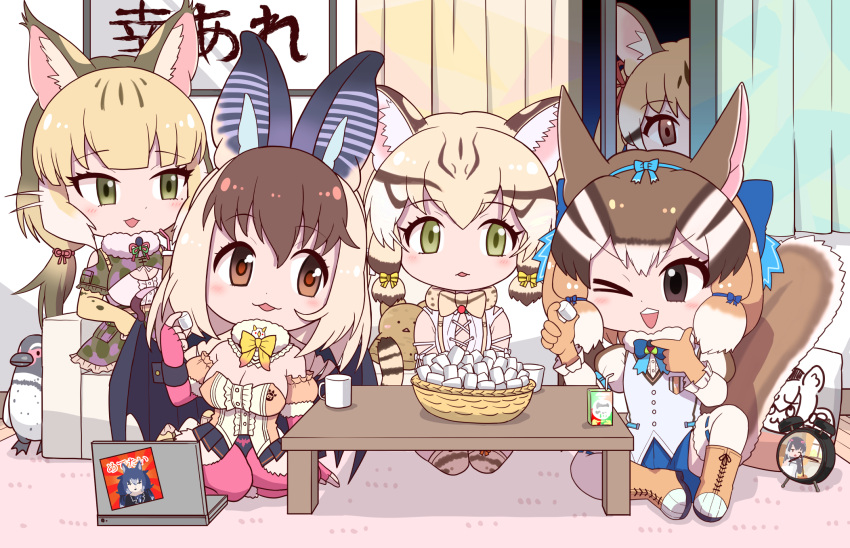 5girls animal_costume animal_ear_fluff animal_ears bat_wings bow bowtie brown_eyes brown_hair brown_long-eared_bat_(kemono_friends) geoffroy's_cat_(kemono_friends) green_eyes grey_hair highres jungle_cat_(kemono_friends) kemono_friends kemono_friends_v_project large-spotted_genet_(kemono_friends) long_hair microphone multicolored_hair multiple_girls one_eye_closed open_mouth rakugaki_arai ribbon short_hair siberian_chipmunk_(kemono_friends) smile tail virtual_youtuber white_hair wings