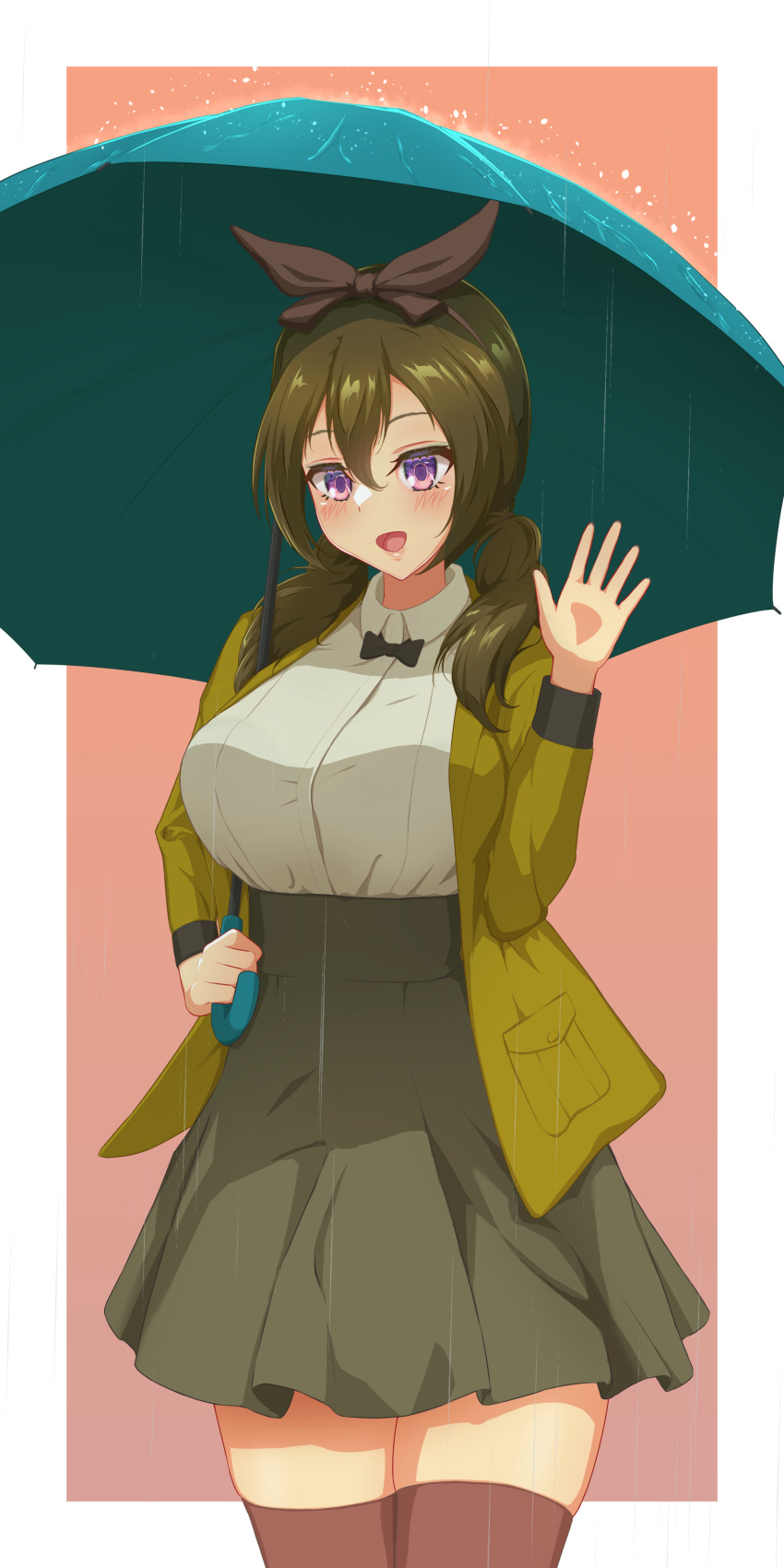 1girl :d absurdres arm_at_side assault_lily bangs black_bow black_bowtie blue_umbrella blush border bow bowtie breasts brown_bow brown_thighhighs collared_shirt commentary_request cowboy_shot gradient gradient_background green_hair green_skirt hair_between_eyes hair_bow hair_over_shoulder hand_up high-waist_skirt highres holding holding_umbrella jacket large_breasts long_hair looking_at_viewer low_twintails miniskirt open_clothes open_hand open_jacket open_mouth outside_border pocket rain red_background shirt skirt smile solo standing thigh-highs twintails ueharu umbrella violet_eyes water_drop white_border white_shirt yamanashi_hibari yellow_jacket zettai_ryouiki