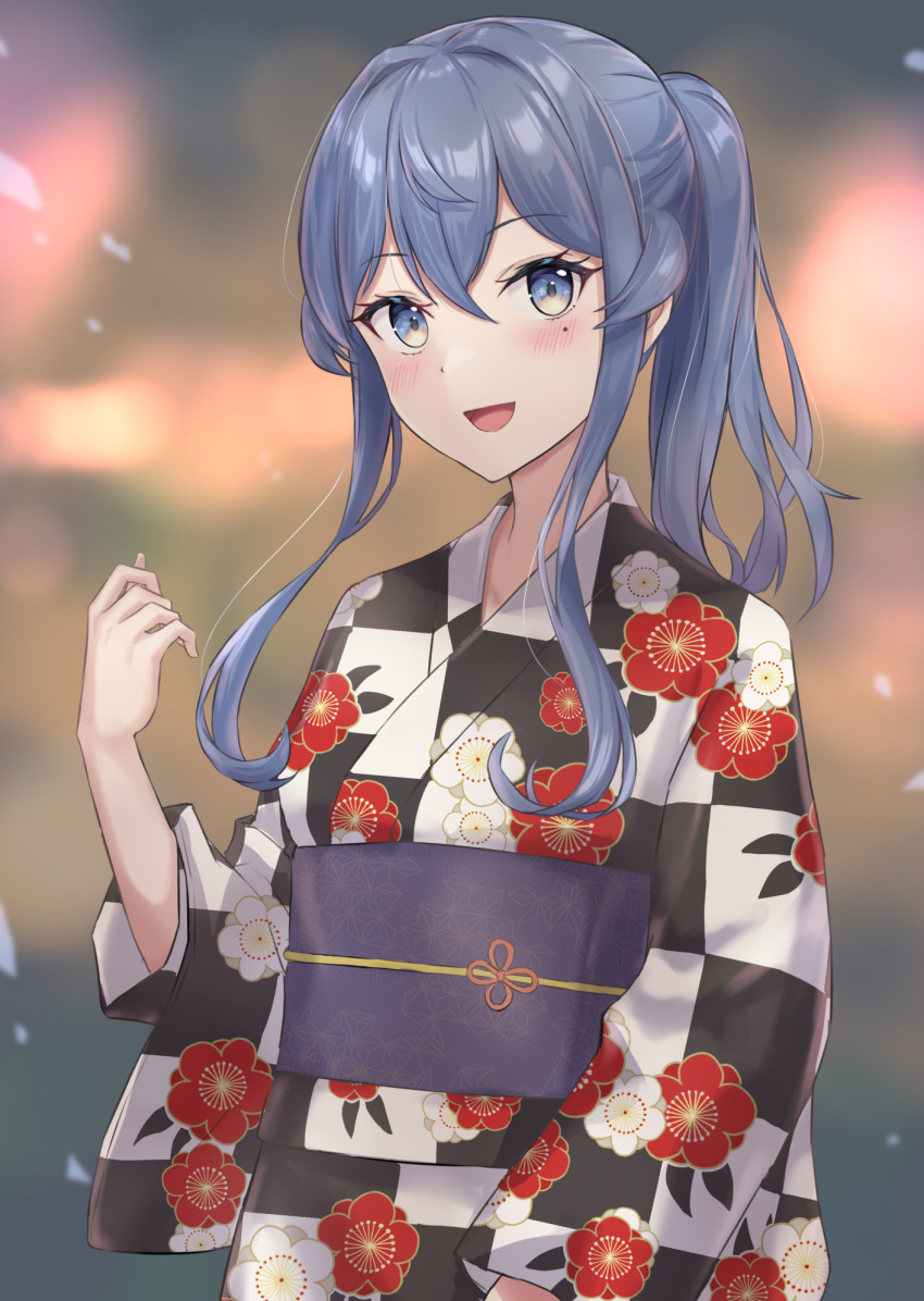 1girl blue_eyes blue_hair blush floral_print gotland_(kancolle) hair_between_eyes highres japanese_clothes kantai_collection kimono long_sleeves looking_at_viewer medium_hair mole mole_under_eye monoku obi open_mouth print_kimono sash smile solo upper_body wide_sleeves yukata