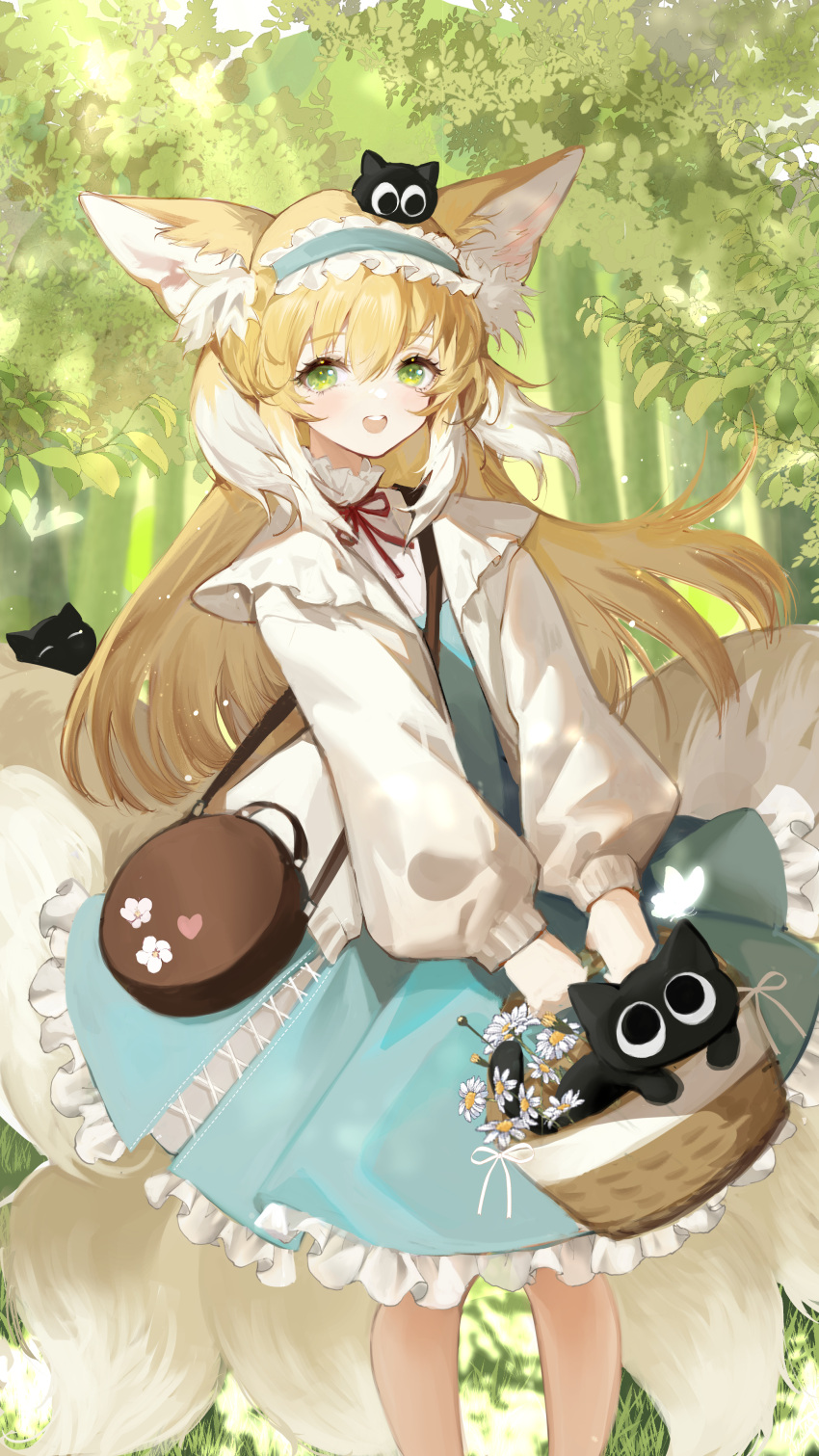 1girl absurdres animal_ears arknights basket black_cat blonde_hair blue_dress blush cat dress feet_out_of_frame flower forest fox_ears fox_girl fox_tail frilled_dress frills green_eyes hair_between_eyes highres holding holding_basket kitsune long_hair long_sleeves looking_at_viewer lulumao luoxiaohei multicolored_hair multiple_tails nature neck_ribbon official_alternate_costume open_mouth outdoors red_ribbon ribbon solo streaked_hair suzuran_(arknights) suzuran_(spring_praise)_(arknights) tail teeth the_legend_of_luo_xiaohei tree upper_teeth white_flower white_hair