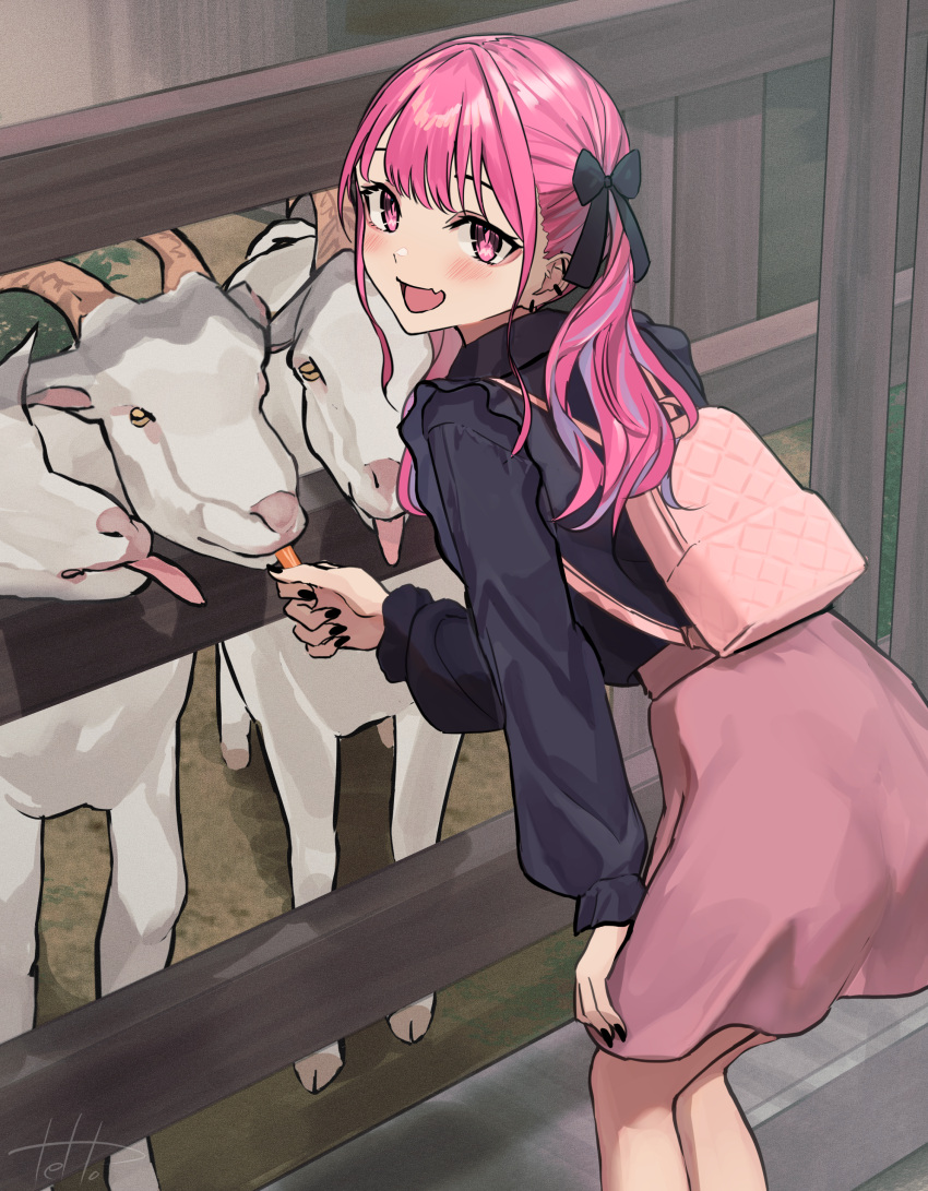 1girl absurdres backpack bag black_bow black_bowtie black_nails black_shirt blue_hair blush bow bowtie breasts buta5813 buttons choker collared_shirt commentary_request cowboy_shot eating fang feeding fence frilled_shirt frills goat gradient_hair hair_bow highres hinamizawa_hinami jirai_kei leaning_forward looking_at_viewer medium_hair multicolored_hair open_mouth original pink_bag pink_eyes pink_hair pink_skirt shirt skirt small_breasts smile solo squatting tongue tongue_out twintails
