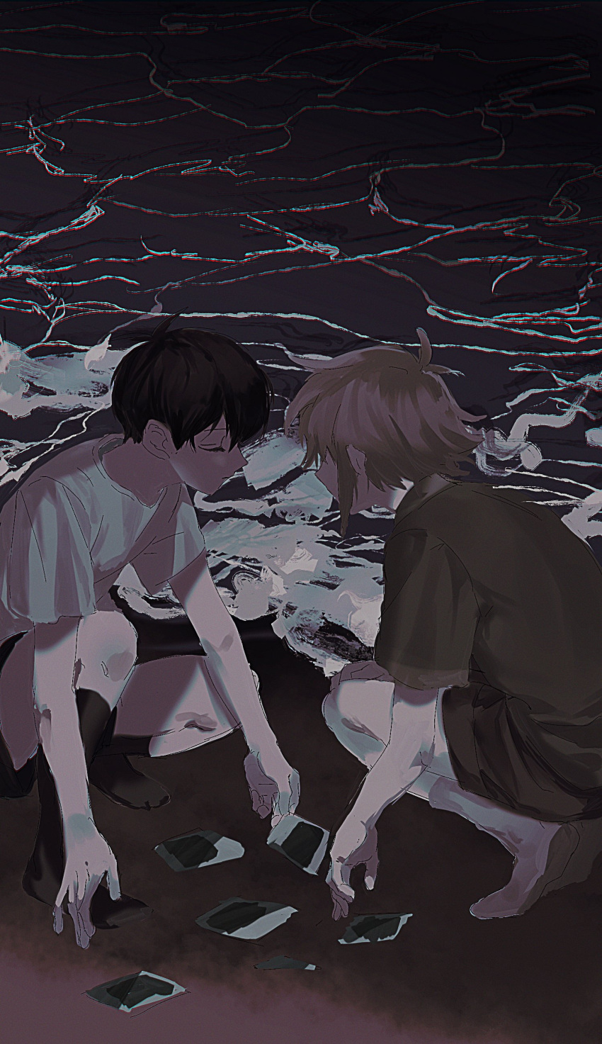 2boys absurdres basil_(omori) beach black_hair blonde_hair brown_shirt closed_eyes english_commentary facing_another highres kneehighs male_focus multiple_boys ocean omori photo_(object) shirt short_hair socks squatting ss_un17 sunny_(omori) white_shirt