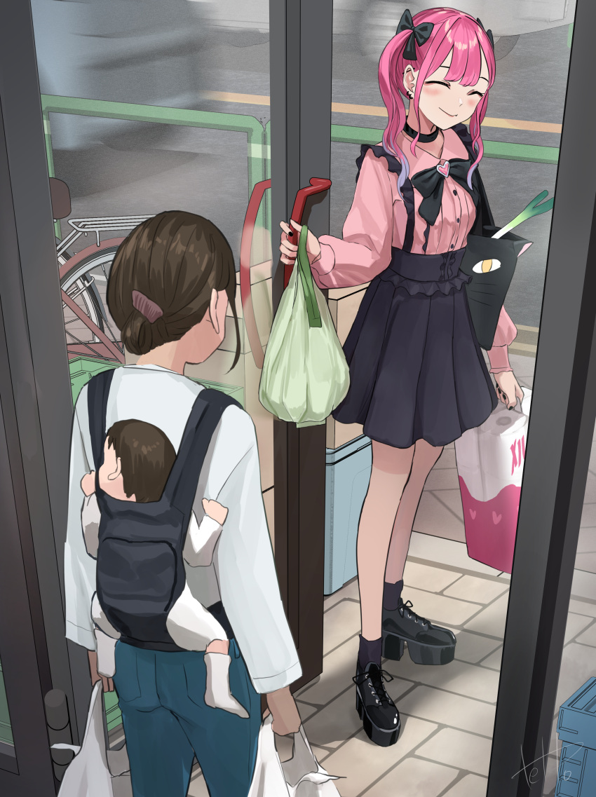 1other 2girls absurdres baby bag black_bow black_bowtie black_footwear black_nails black_skirt blue_hair blush bow bowtie buta5813 buttons closed_eyes collared_shirt commentary_request fang frilled_shirt frills gradient_hair groceries grocery_bag hair_bow highres hinamizawa_hinami holding holding_bag jirai_kei medium_hair multicolored_hair multiple_girls open_door original pink_hair pink_shirt shirt shoes shopping_bag skirt smile twintails waiting