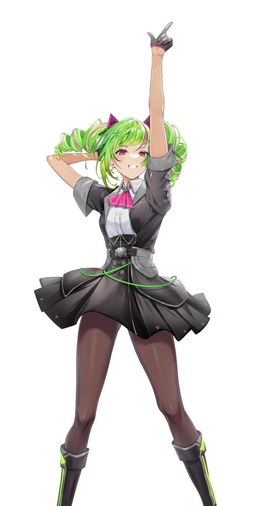 1girl absurdres arm_behind_head arm_up ascot bangs black_footwear black_gloves black_jacket black_skirt blush boots brown_pantyhose collared_shirt delutaya drill_hair earrings feet_out_of_frame gloves green_hair grin half_gloves hatsuno_xxx highres indie_virtual_youtuber jacket jewelry looking_at_viewer medium_hair multicolored_hair pantyhose pink_ascot red_eyes shirt shirt_tucked_in simple_background skirt sleeves_rolled_up smile solo streaked_hair twin_drills twintails virtual_youtuber white_background white_shirt