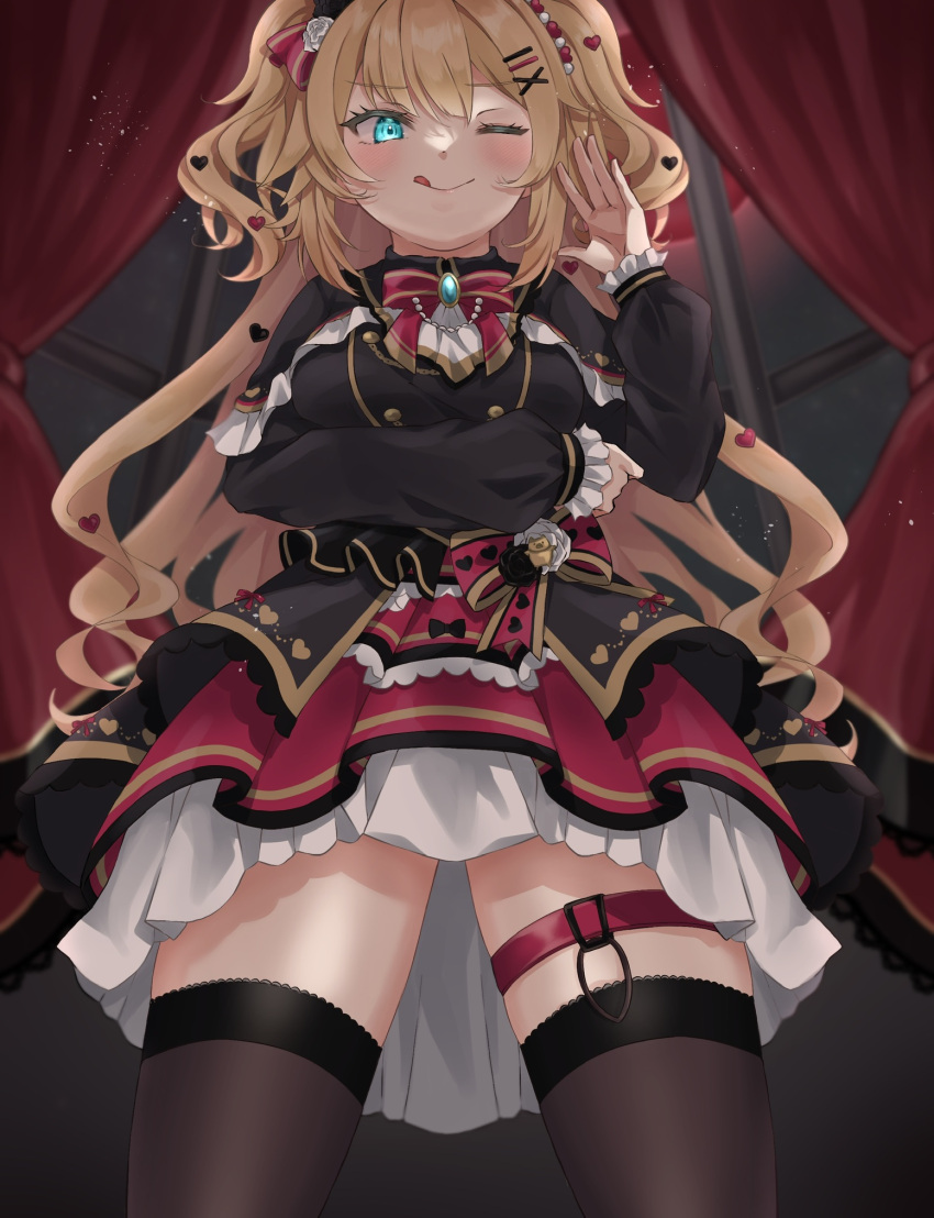 1girl ;p akai_haato arm_under_breasts bangs black_thighhighs blonde_hair blue_eyes blush bow breasts commentary curtains dress frilled_dress frills gothic_lolita hair_bow hair_ornament heart heart_hair_ornament highres hololive large_breasts layered_dress lolita_fashion long_hair looking_at_viewer moon na_na one_eye_closed red_curtains red_dress red_moon thigh-highs thigh_strap tongue tongue_out twintails virtual_youtuber x_hair_ornament