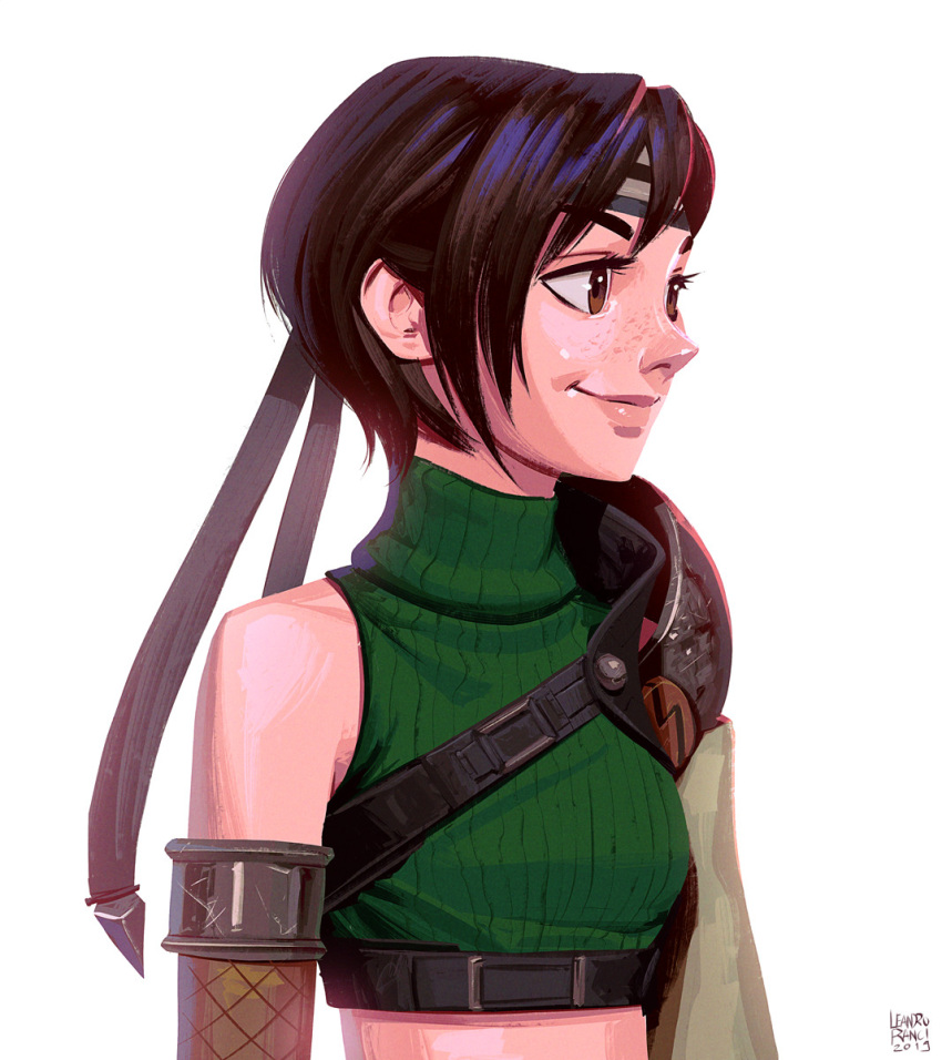 1girl armor artist_name bangs black_hair breasts brown_eyes chest_strap crop_top final_fantasy final_fantasy_vii final_fantasy_vii_remake fishnet_armwear freckles green_shirt headband highres leandro_franci looking_to_the_side midriff portrait shirt short_hair shoulder_armor single_bare_shoulder sleeveless sleeveless_turtleneck small_breasts smile solo turtleneck upper_body white_background yuffie_kisaragi