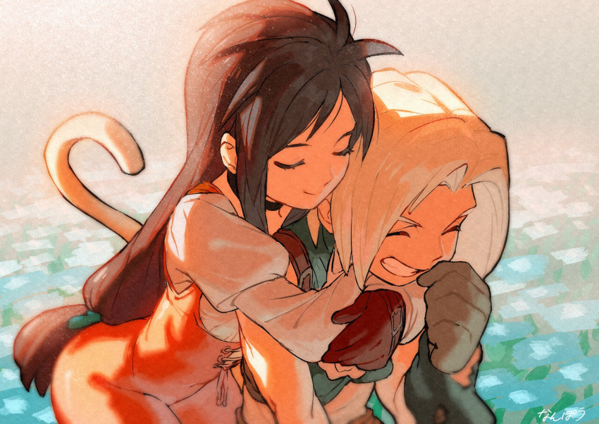 1boy 1girl arms_around_neck bangs black_choker black_hair blonde_hair blue_vest bodysuit brown_gloves choker closed_eyes final_fantasy final_fantasy_ix garnet_til_alexandros_xvii gloves grey_gloves grin highres hug hug_from_behind juliet_sleeves long_hair long_sleeves low-tied_long_hair monkey_tail nanpou_(nanpou0021) orange_bodysuit parted_bangs puffy_sleeves shirt sleeveless sleeveless_shirt smile tail teeth upper_body vest white_shirt zidane_tribal