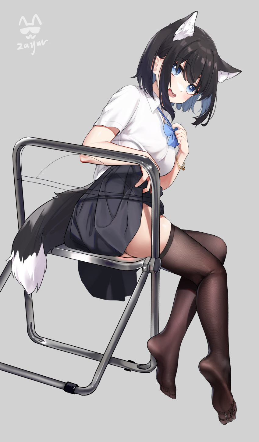 1girl absurdres animal_ear_fluff animal_ears ass black_hair black_pantyhose black_thighhighs blue_eyes cat_ears cat_girl cat_tail feet highres looking_at_viewer looking_back no_shoes open_mouth original pantyhose pleated_skirt school_uniform serafuku shirt short_hair skirt soles solo tail thigh-highs toes white_shirt zayur