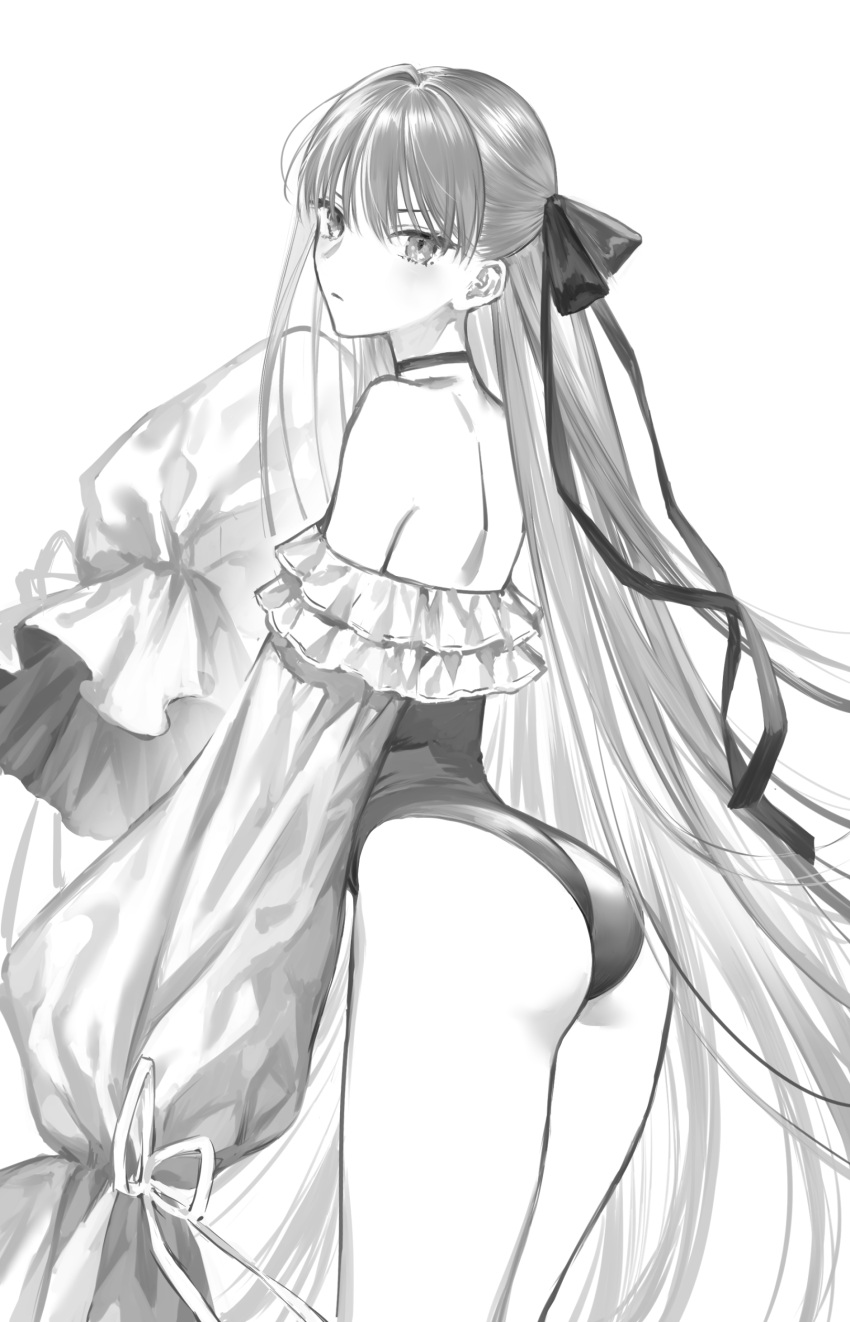 1girl absurdres back bangs bare_legs bare_shoulders eyebrows_hidden_by_hair fate/grand_order fate_(series) greyscale hair_ribbon highres long_hair looking_at_viewer looking_back meltryllis_(fate) meltryllis_(swimsuit_lancer)_(fate) monochrome nipi27 ribbon simple_background solo standing swimsuit white_background