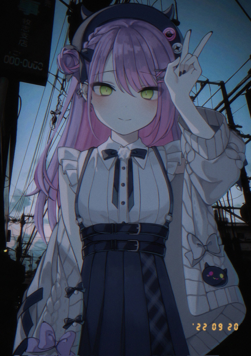 1girl arm_up black_bow black_nails black_skirt blush bow breasts cardigan closed_mouth colored_inner_hair ear_piercing green_eyes grey_cardigan hair_between_eyes hair_bow hair_bun hair_ornament hairclip hat high-waist_skirt highres hololive karou_(lhscck302) long_hair long_sleeves looking_at_viewer multicolored_hair nail night open_cardigan open_clothes outdoors piercing pink_hair purple_hair shirt skirt smile solo suspender_skirt suspenders tokoyami_towa v virtual_youtuber white_shirt
