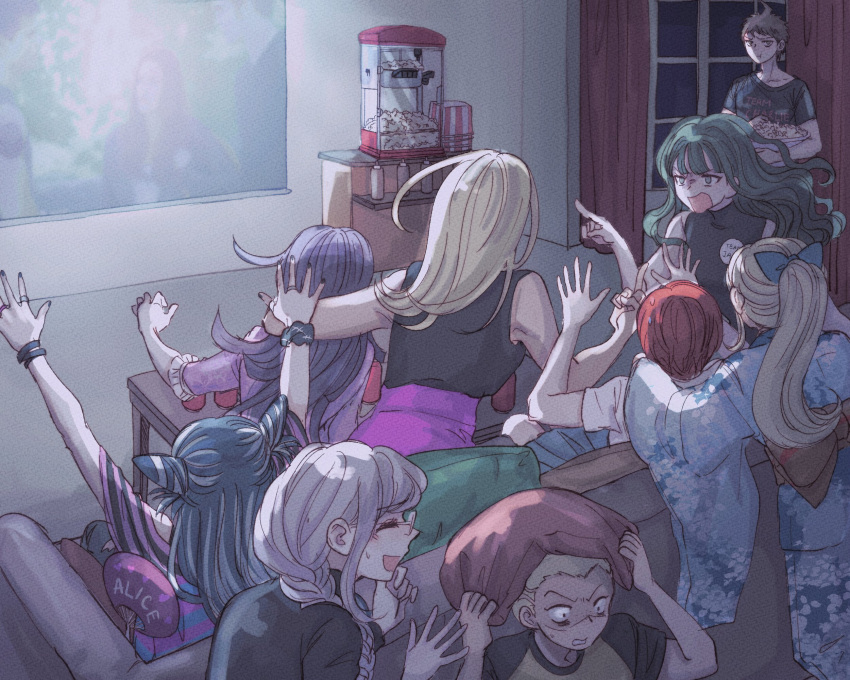 2boys 6+girls :d alternate_costume arms_up bangs bare_shoulders black_hair black_shirt blonde_hair blue_bow bow braid brown_hair closed_mouth couch curtains danganronpa_(series) danganronpa_3_(anime) eating food glasses green_hair grey_hair hair_bow highres hinata_hajime holding holding_food indoors koizumi_mahiru kuzuryuu_fuyuhiko kuzuryuu_natsumi long_hair long_sleeves midori_(310ri_21) mioda_ibuki multiple_boys multiple_girls open_mouth pekoyama_peko pillow pointing pointing_at_another ponytail popcorn purple_hair redhead saionji_hiyoko satou_(danganronpa) shirt shirt_tucked_in short_hair sitting smile sweat sweatdrop table tsumiki_mikan watching_television wide_sleeves window