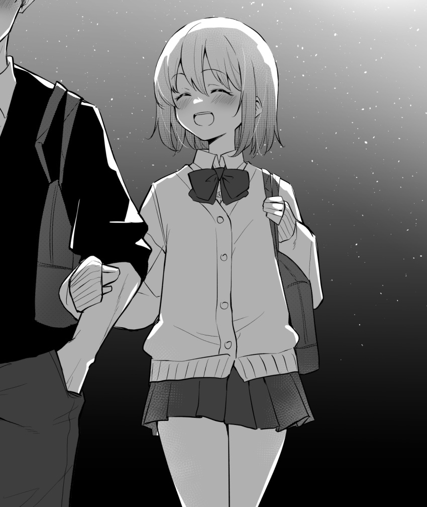 1boy 1girl bag blush bow bowtie cardigan cowboy_shot hand_in_pocket highres holding_another's_arm long_sleeves miniskirt mm_(mm_chair) monochrome night night_sky open_mouth original pleated_skirt school_bag school_uniform short_hair skirt sky sleeves_past_wrists smile