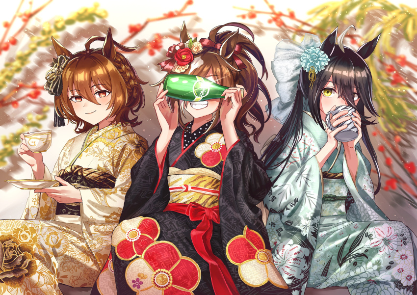 3girls absurdres agnes_tachyon_(umamusume) ahoge animal_ears bangs black_hair black_kimono blurry blurry_background bottle bow braid branch brown_hair character_request closed_mouth covering_face cup feet_out_of_frame floral_print flower glint green_kimono grin hair_bow hair_flower hair_ornament highres holding holding_bottle holding_cup holding_saucer horse_ears japanese_clothes kimono long_hair looking_at_viewer manhattan_cafe_(umamusume) medium_hair multicolored_hair multiple_girls nayuta_ggg obi orange_eyes sash saucer sitting smile streaked_hair teacup teeth umamusume yellow_eyes yellow_kimono