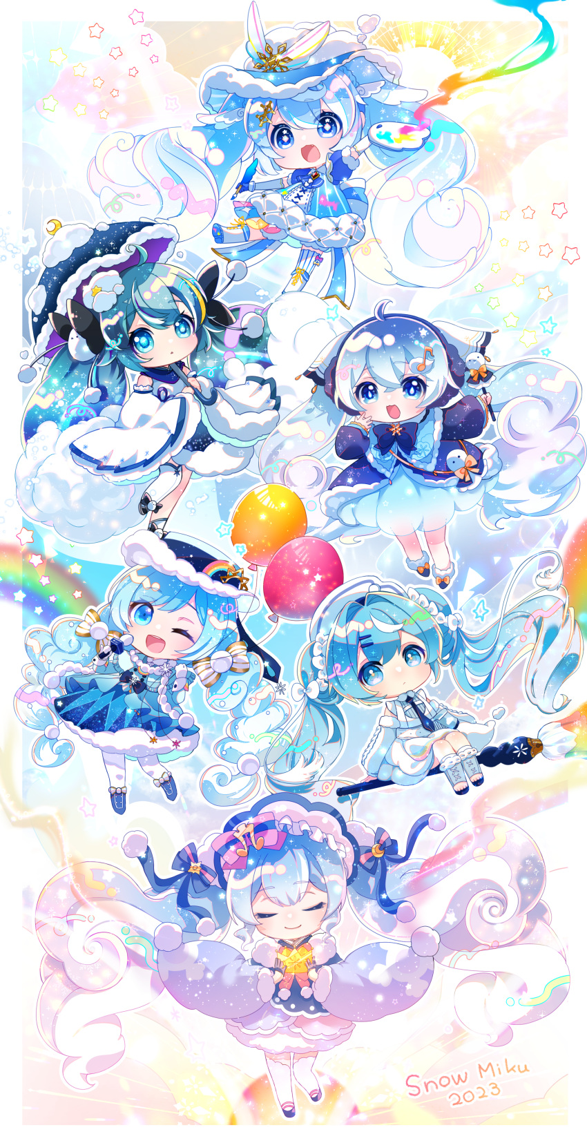 2023 6+girls :&lt; absurdly_long_hair absurdres ahoge art_brush asymmetrical_legwear balloon blue_footwear blue_gloves blue_hair blue_kimono blue_ribbon blue_shirt blue_skirt boater_hat borrowed_design bow bowtie character_name chibi closed_eyes closed_mouth clouds colorful commentary crescent crescent_hair_ornament crown dawn detached_sleeves dress eighth_note facing_viewer full_body fur-trimmed_kimono fur-trimmed_sleeves fur_trim gloves glowing gold_trim gradient_hair hair_bow hair_intakes hair_ornament hair_ribbon hairclip half_gloves hatsune_miku headdress highres holding holding_balloon holding_brush holding_crown holding_microphone holding_palette japanese_clothes kimono light_blue_hair long_hair microphone multicolored_hair multiple_girls multiple_persona musical_note musical_note_hair_ornament necktie object_riding one_eye_closed open_mouth outstretched_arm oversized_object paintbrush palette_(object) pink_bow pink_bowtie pink_hair pom_pom_(clothes) rainbow ribbon shirayuki_towa shirt single_thighhigh skirt smile standing star_(symbol) striped striped_ribbon sun sun_hair_ornament thigh-highs two-tone_hair umbrella very_long_hair vocaloid wavy_hair white_bow white_bowtie white_dress white_gloves white_headwear white_sleeves white_thighhighs wide_sleeves wings yuki_miku yuki_miku_(2023)