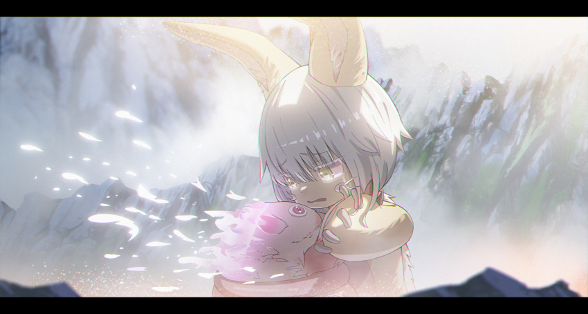 1other absurdres androgynous animal_ears commentary_request creature crying crying_with_eyes_open day death dying edgar_syu furry highres letterboxed long_hair looking_at_another made_in_abyss mitty_(made_in_abyss) nanachi_(made_in_abyss) open_mouth outdoors spoilers tears wavy_mouth whiskers white_hair yellow_eyes