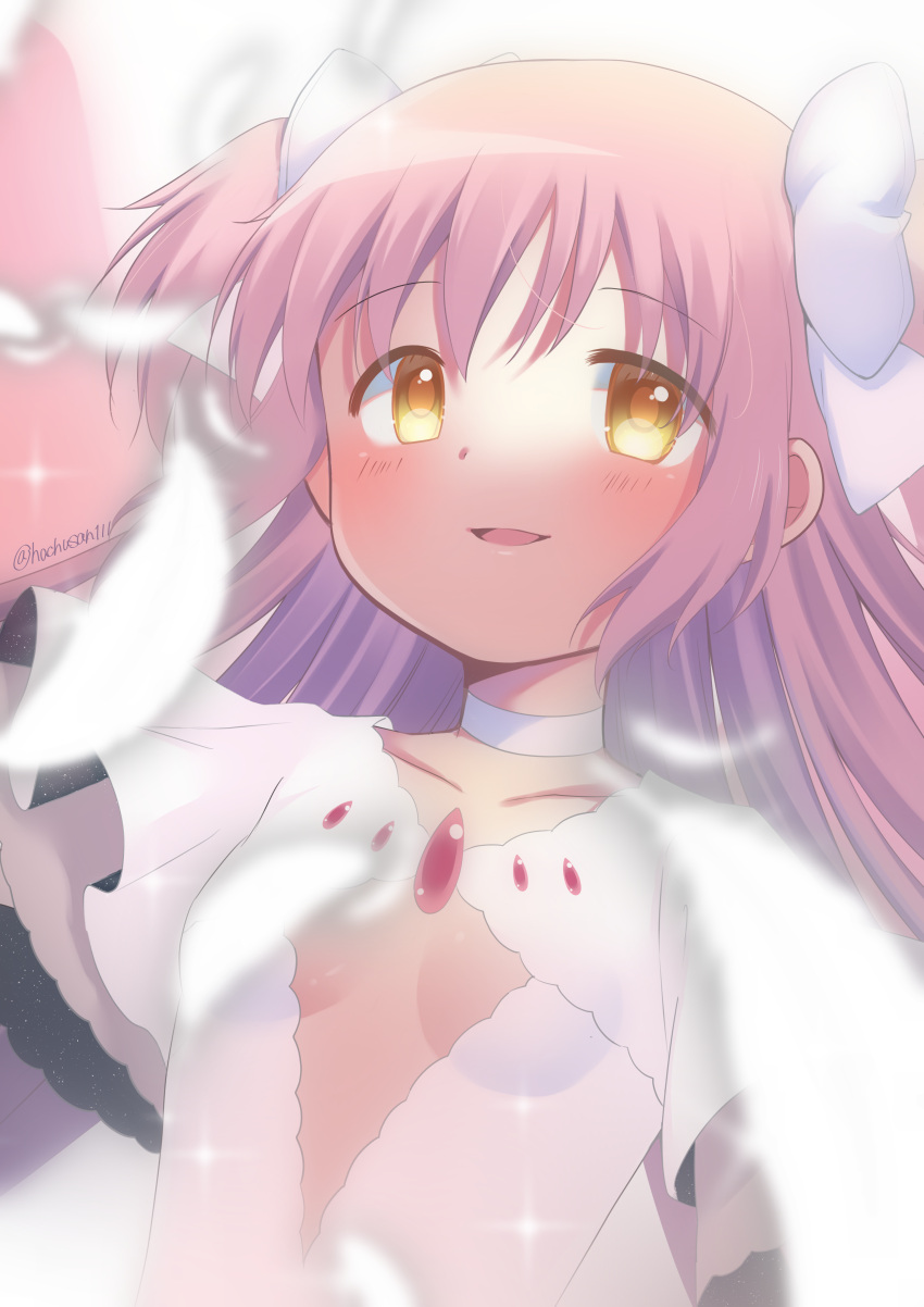 1girl absurdres bangs blush bow breasts chest_cutout choker commentary_request feathers frilled_sleeves frills goddess_madoka hachusan111 hair_bow highres kaname_madoka long_hair looking_at_viewer mahou_shoujo_madoka_magica parted_lips pink_hair short_sleeves simple_background small_breasts smile solo two_side_up upper_body white_background white_bow white_choker white_feathers yellow_eyes