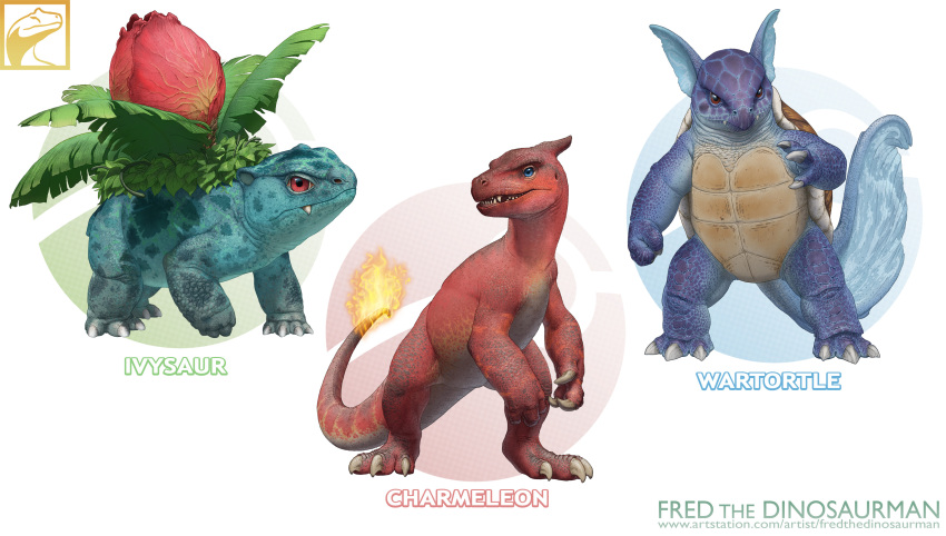 absurdres artist_name blue_sclera charmeleon colored_sclera english_commentary fang fiery_tail fire fredward95 highres ivysaur looking_to_the_side no_humans open_mouth plant pokemon pokemon_(creature) realistic red_sclera sharp_teeth shell starter_pokemon_trio tail teeth wartortle web_address white_background