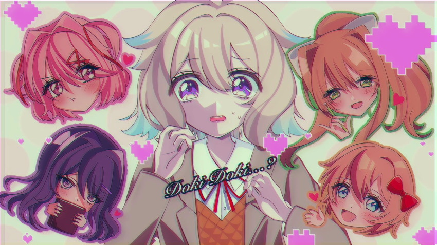 5girls 6_may_6 :d :t bangs blonde_hair blue_hair blush book bow brown_hair commentary doki_doki_literature_club enna_alouette eyes_visible_through_hair hair_between_eyes hair_bow hair_ornament hair_ribbon hairclip heart heart-shaped_pupils highres holding holding_book long_hair monika_(doki_doki_literature_club) multicolored_hair multiple_girls natsuki_(doki_doki_literature_club) nijisanji nijisanji_en open_mouth outline pen pink_hair pinky_out ponytail pout purple_hair red_bow red_ribbon retro_artstyle ribbon sayori_(doki_doki_literature_club) school_uniform short_hair smile symbol-shaped_pupils two-tone_hair two_side_up violet_eyes virtual_youtuber white_ribbon yuri_(doki_doki_literature_club)