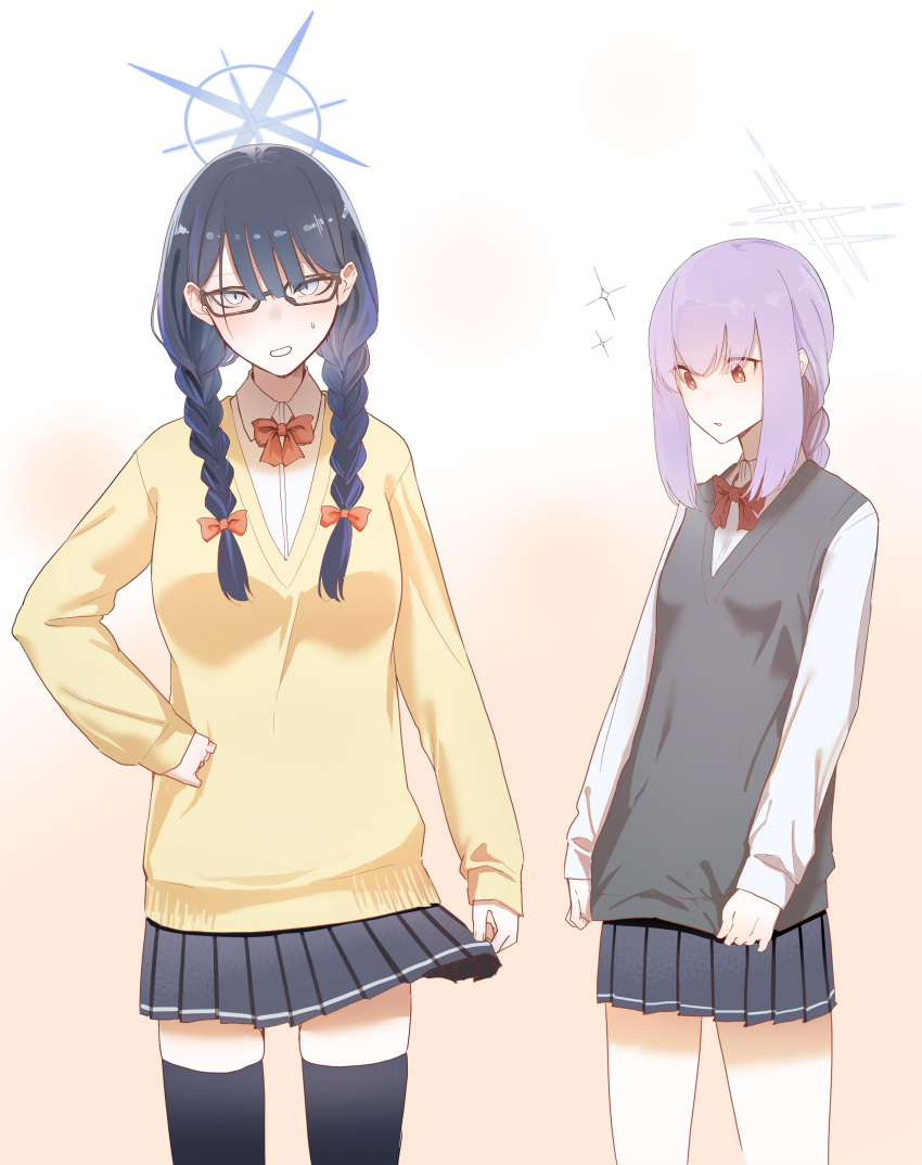 2girls absurdres alternate_costume atsuko_(blue_archive) bangs bespectacled black_hair black_skirt black_thighhighs blue_archive blush bow bowtie braid braided_ponytail breasts collared_shirt glasses gradient gradient_background grey_sweater hair_bow halo highres looking_at_viewer medium_breasts miniskirt multiple_girls pleated_skirt purple_hair saori_(blue_archive) shirt skirt sleeves_past_wrists small_breasts sparkle standing sweatdrop sweater sweater_vest thigh-highs twin_braids white_shirt yayuyoron yellow_sweater