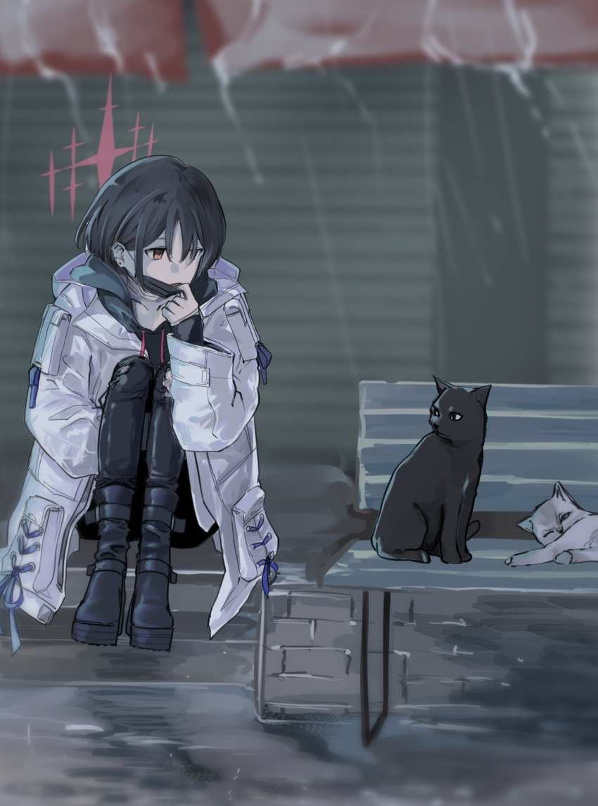 1girl bangs bench black_cat black_footwear black_hair black_hoodie black_pants blonde_hair blue_archive blurry blurry_background boots cat coat halo highres hood hood_down hooded_coat hoodie knees_up long_sleeves looking_to_the_side mask mask_pull mouth_mask outdoors pants rain saori_(blue_archive) short_hair sitting solo surgical_mask white_coat yayuyoron