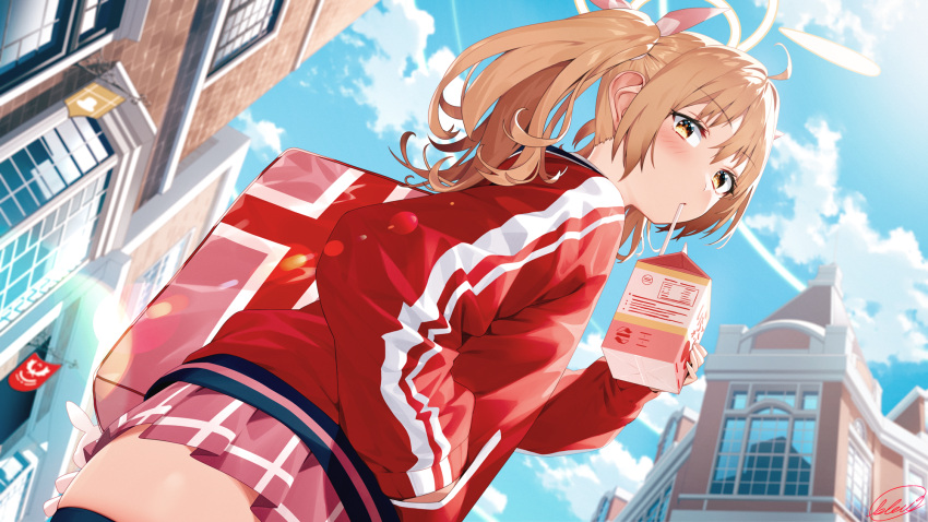 1girl ahoge bangs black_thighhighs blew_andwhite blue_archive blue_sky blush brown_eyes brown_hair building city cityscape clouds commentary_request convenience_store day drinking drinking_straw drinking_straw_in_mouth dutch_angle hair_ribbon halo highres holding jacket juice_box long_hair long_sleeves looking_at_viewer milk milk_carton miniskirt outdoors partial_commentary pleated_skirt red_jacket ribbon school school_uniform shop skirt sky skyscraper solo thigh-highs track_jacket twintails yoshimi_(blue_archive)