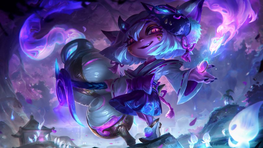 1girl absurdres animal_ears blurry blurry_background colored_skin fang fantasy fire flaming_weapon forest fox_mask grass highres hitodama japanese_clothes kimono league_of_legends long_sleeves looking_at_viewer mask nature official_alternate_costume official_art outdoors purple_skin ribbon shoes short_hair skirt smirk solo spirit spirit_blossom_(league_of_legends) spirit_blossom_tristana teeth tokkuri tristana white_hair yordle yukata