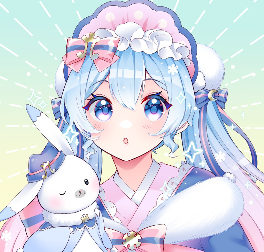 1girl 1other :o animal blue_eyes blue_hair blue_headwear blue_kimono blue_ribbon blue_shawl bow bowtie commentary emphasis_lines fur-trimmed_shawl gradient gradient_background hair_bow hair_ribbon headdress highres japanese_clothes kimono layered_clothes layered_kimono light_blue_hair light_blush lips long_hair looking_at_viewer masumofu open_mouth pink_bow pink_bowtie pink_hair pink_kimono pom_pom_(clothes) rabbit rabbit_yukine ribbon shawl striped striped_ribbon twintails upper_body vocaloid yuki_miku_(2023)