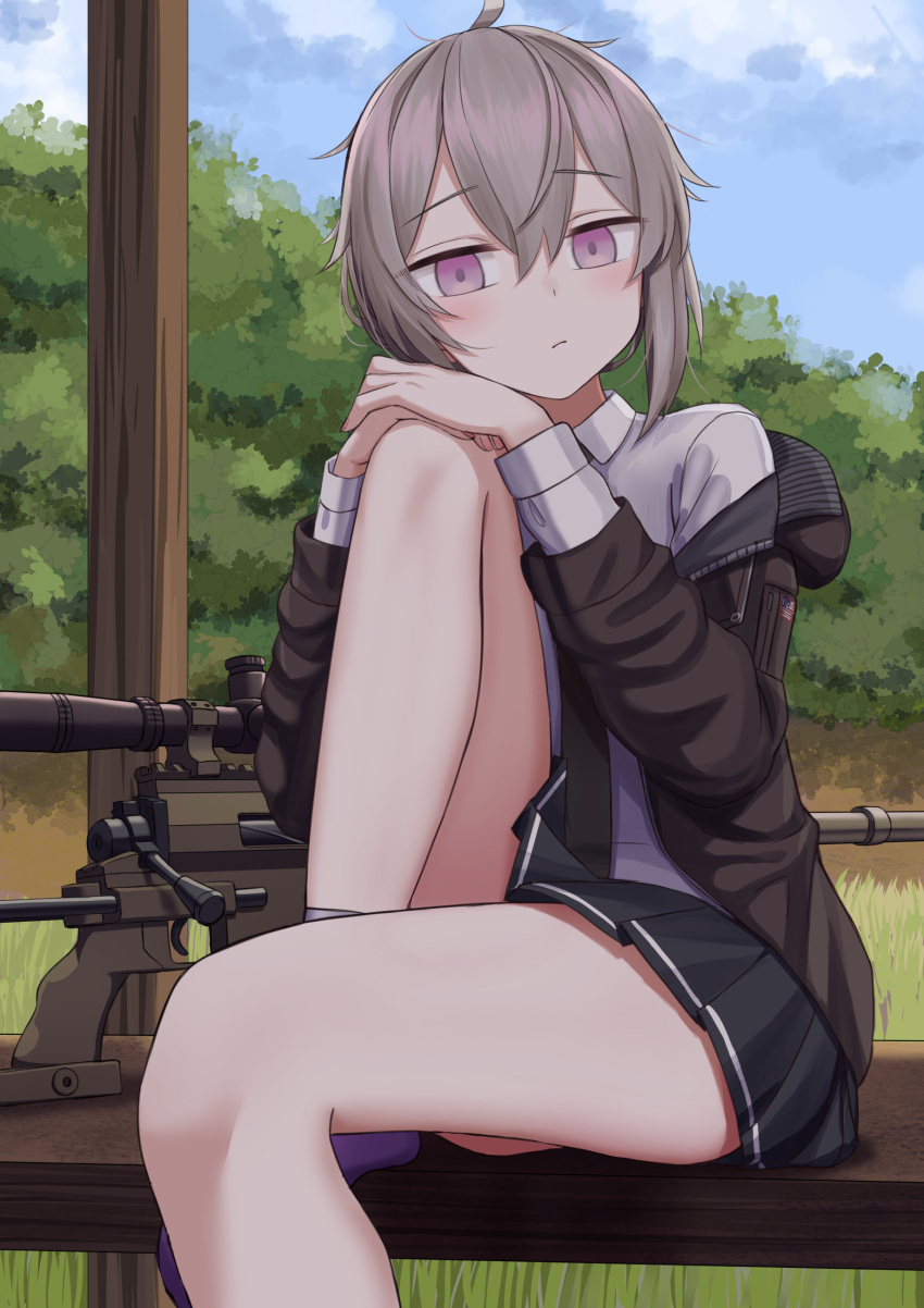 1girl absurdres ahoge bangs black_necktie black_skirt blush bolt_action brown_hoodie cheytac_m200 closed_mouth collared_shirt crossed_bangs day expressionless girls_frontline grass grey_hair gun hands_on_own_knee highres hood hood_down hoodie knee_up long_sleeves looking_at_viewer low_ponytail m200_(girls'_frontline) messy_hair necktie open_clothes open_hoodie outdoors pleated_skirt rifle shirt short_hair sitting_on_bench skirt sniper_rifle solo violet_eyes weapon white_shirt yakob_labo