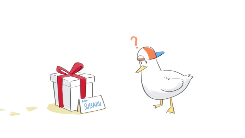 ? backwards_hat bird box duck footprints gift gift_box hat highres hololive khoaphan96 no_humans oozora_subaru subaru_duck