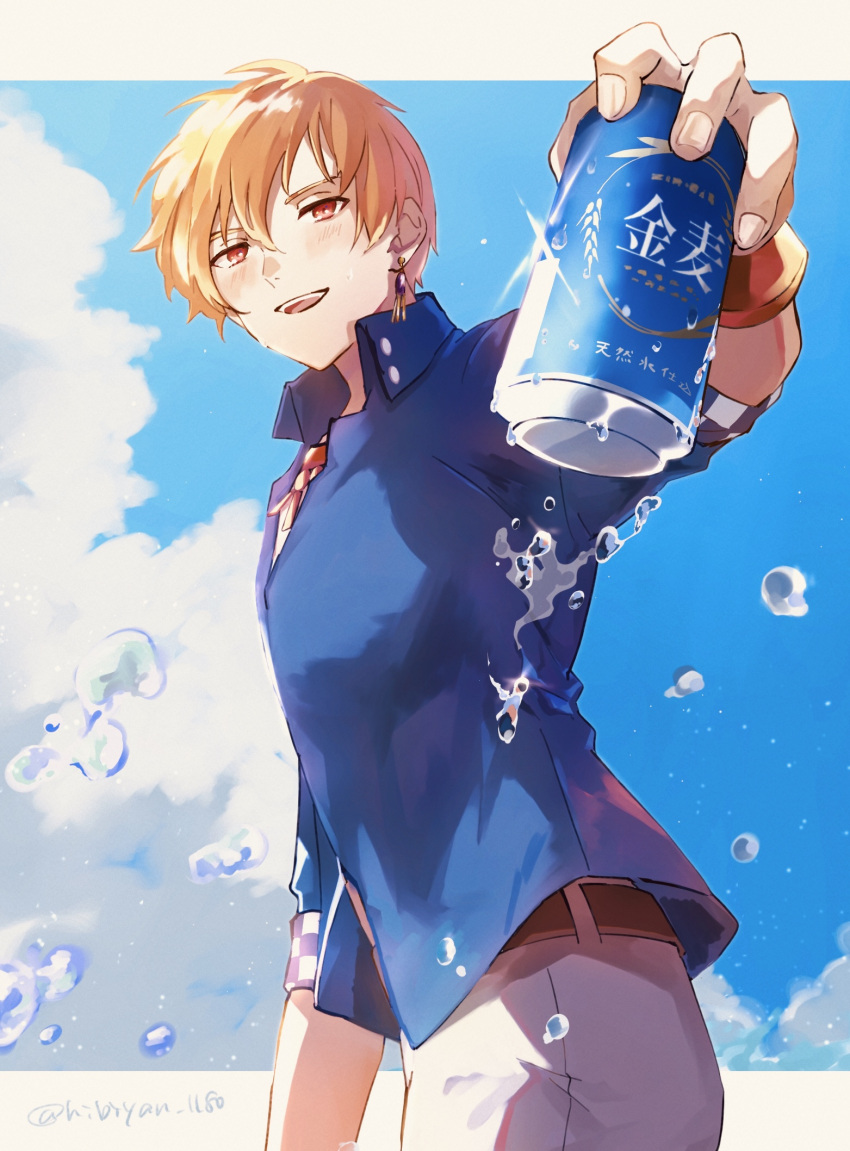 1boy :d bangs belt blonde_hair blue_shirt blush bracelet brown_belt can clouds commentary_request earrings fate/grand_order fate_(series) gilgamesh_(caster)_(fate) gilgamesh_(establishment)_(fate) gilgamesh_(fate) gold_bracelet gold_earrings gold_necklace hibiyan_1180 highres holding holding_can jewelry looking_at_viewer male_focus necklace official_alternate_costume open_mouth pants red_eyes shiny shiny_hair shirt short_hair sky smile solo sunlight teeth twitter_username upper_body upper_teeth water white_pants
