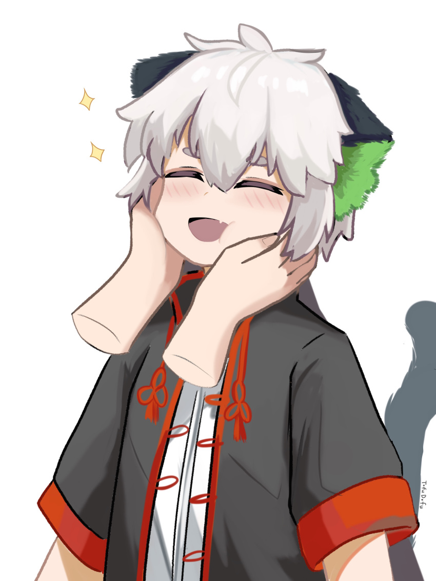 1boy 1other animal_ears arknights bishounen blush cat_boy cat_ears cat_tail chinese_clothes closed_eyes fang hands_on_another's_face highres luoxiaohei male_focus short_hair simple_background smile tail the_legend_of_luo_xiaohei tofudofu upper_body white_background white_hair