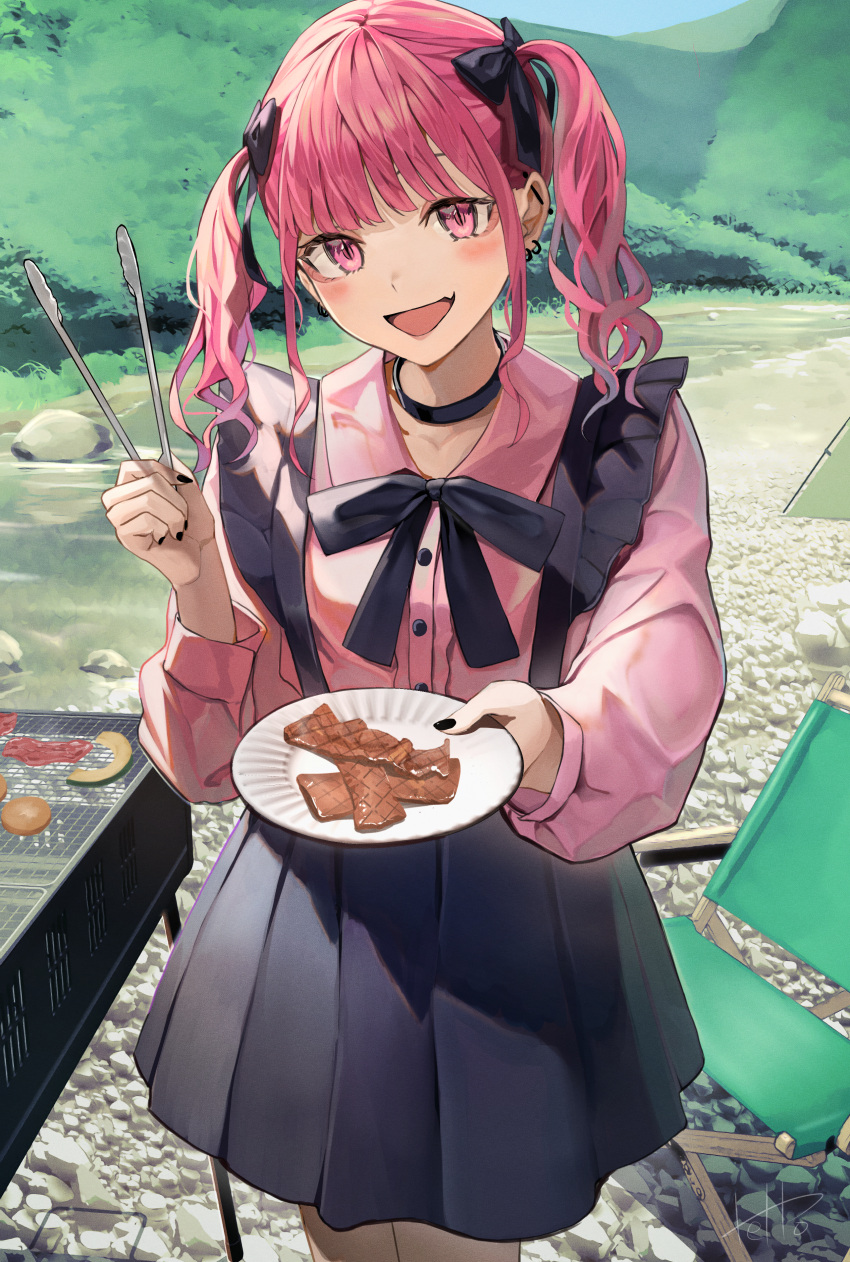 1girl absurdres barbecue black_bow black_bowtie black_nails black_skirt blue_hair blush bow bowtie buta5813 buttons collared_shirt commentary_request cowboy_shot fang food frilled_shirt frills gradient_hair grill hair_bow highres hinamizawa_hinami holding holding_plate holding_tongs jirai_kei meat medium_hair multicolored_hair open_mouth original outdoors pink_eyes pink_hair pink_shirt plate river riverbank shirt skirt smile twintails