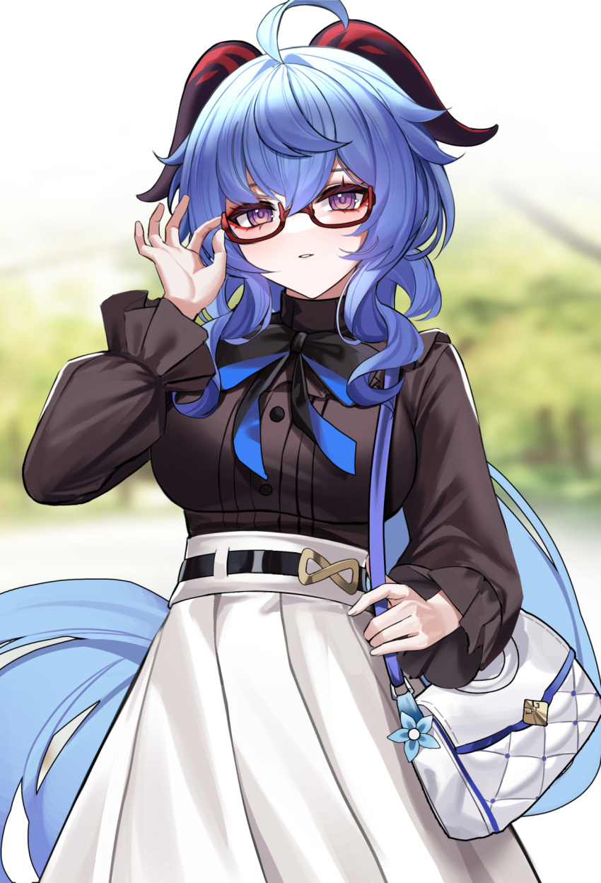 1girl ahoge alternate_costume bad_id bad_twitter_id bag bangs black_bow black_bowtie black_shirt blue_hair blurry blurry_background blush bow bowtie breasts eternity_(shadeh) ganyu_(genshin_impact) genshin_impact glasses goat_horns handbag highres horns large_breasts long_sleeves looking_at_viewer parted_lips shirt shirt_tucked_in skirt smile solo violet_eyes white_skirt