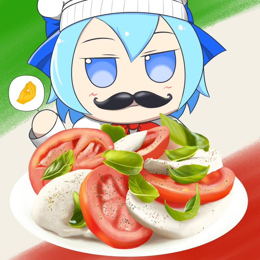 absurdres basil_leaf blue_bow blue_eyes blue_hair blush blush_stickers bow caprese_salad cheese chef_hat chef_uniform cirno destoroyar facial_hair fake_facial_hair fake_mustache food fumo_(doll) hat highres italian_flag mustache plate red_bow salad tomato touhou