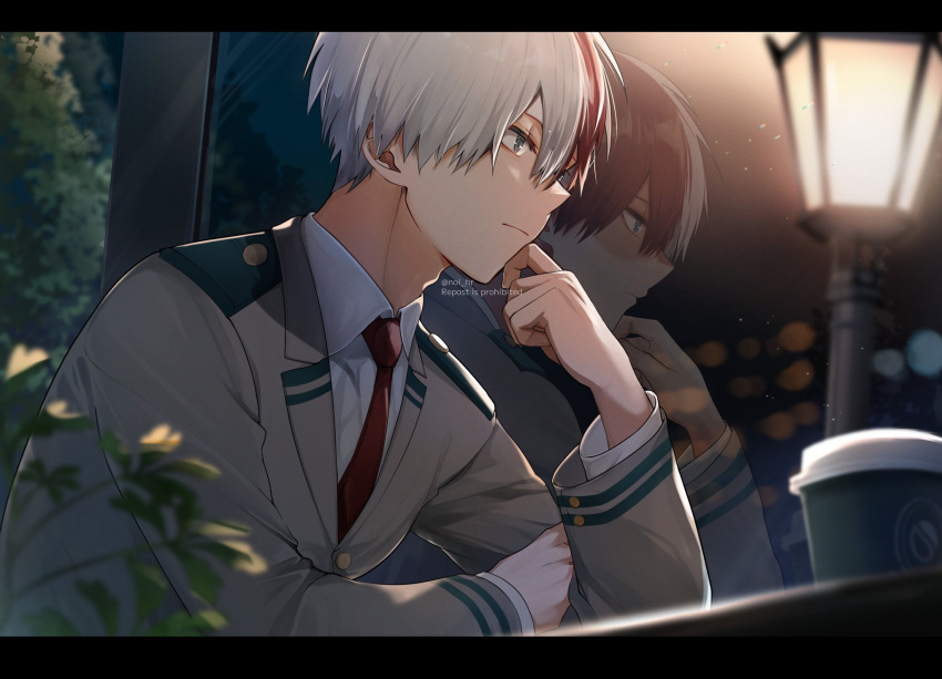 1boy boku_no_hero_academia cup grey_eyes grey_hair grey_jacket highres jacket light long_sleeves looking_at_viewer male_focus mug multicolored_hair necktie night night_sky noizu_(noi_hr) red_necktie redhead school_uniform shirt short_hair sky split-color_hair todoroki_shouto two-tone_hair u.a._school_uniform uniform white_shirt